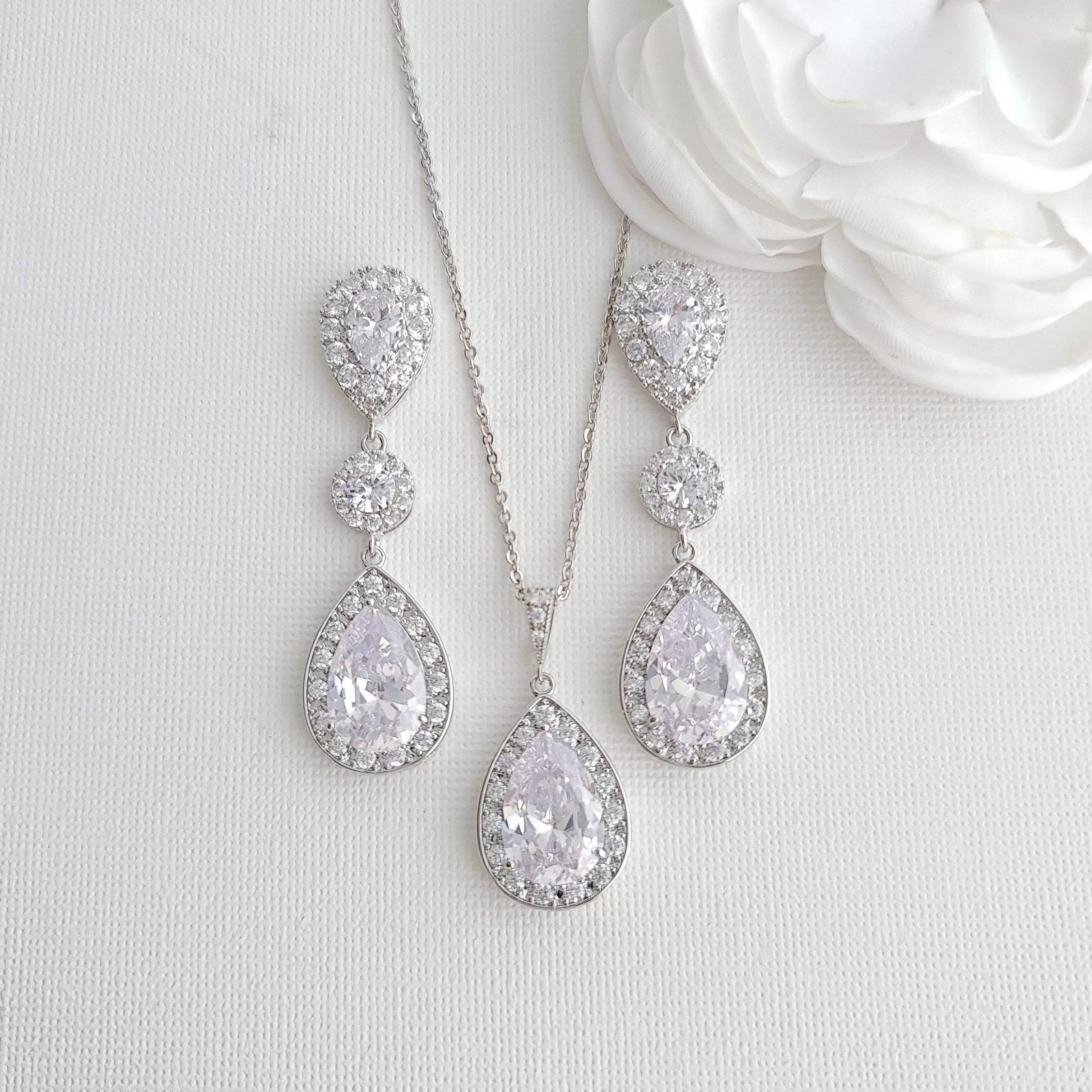 Simple Cubic Zirconia Necklace Set with Long CZ Earrings for Wedding- Penelope