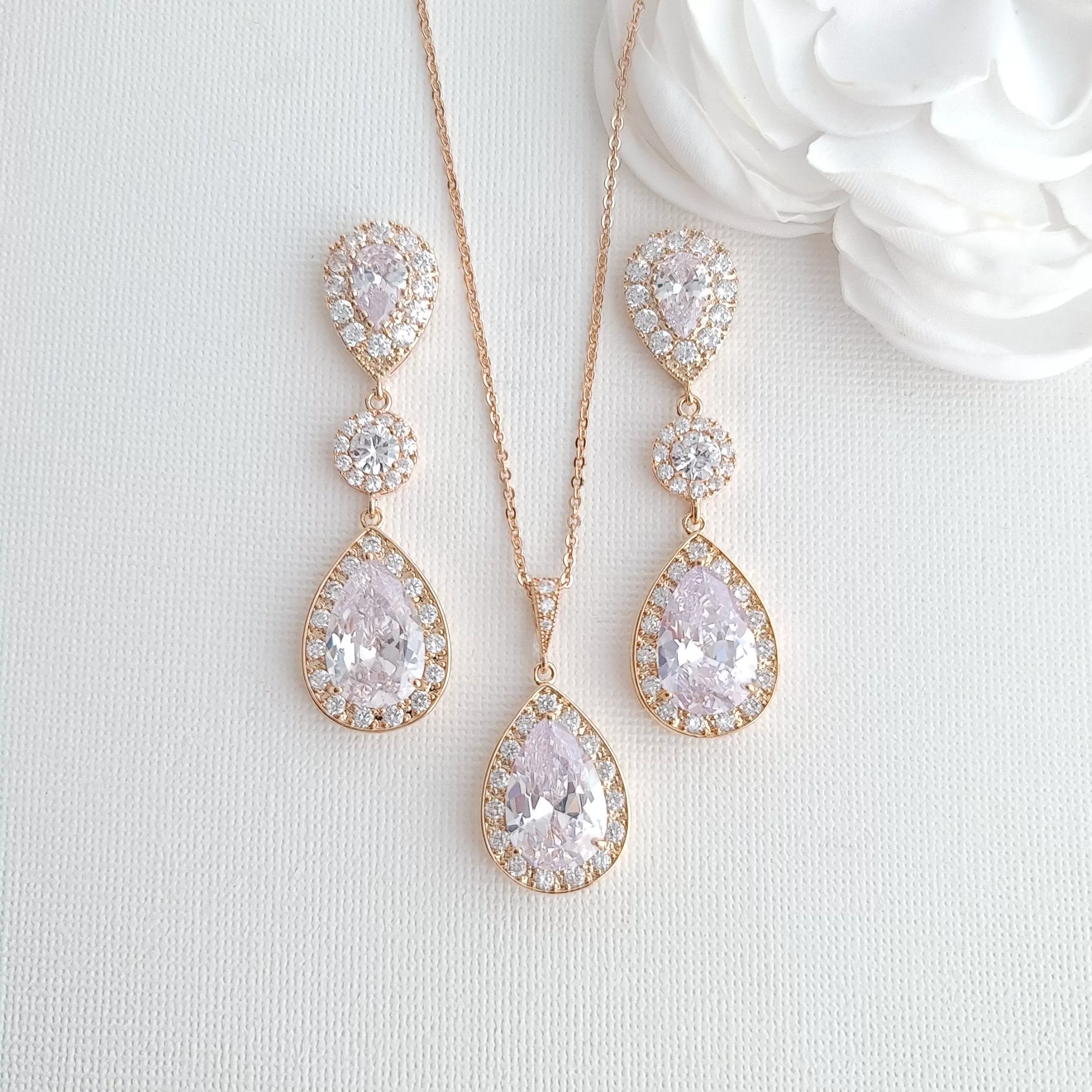 Simple Cubic Zirconia Necklace Set with Long CZ Earrings for Wedding- Penelope