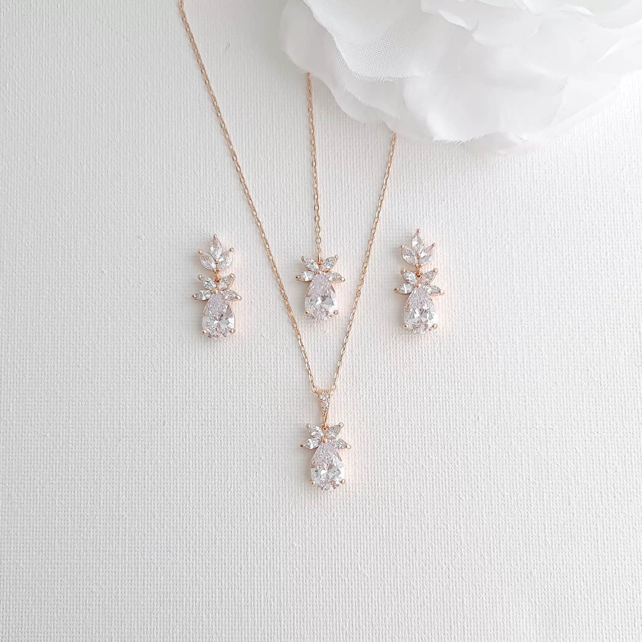 Simple Rose Gold Wedding Necklace and Earrings Set- Stella