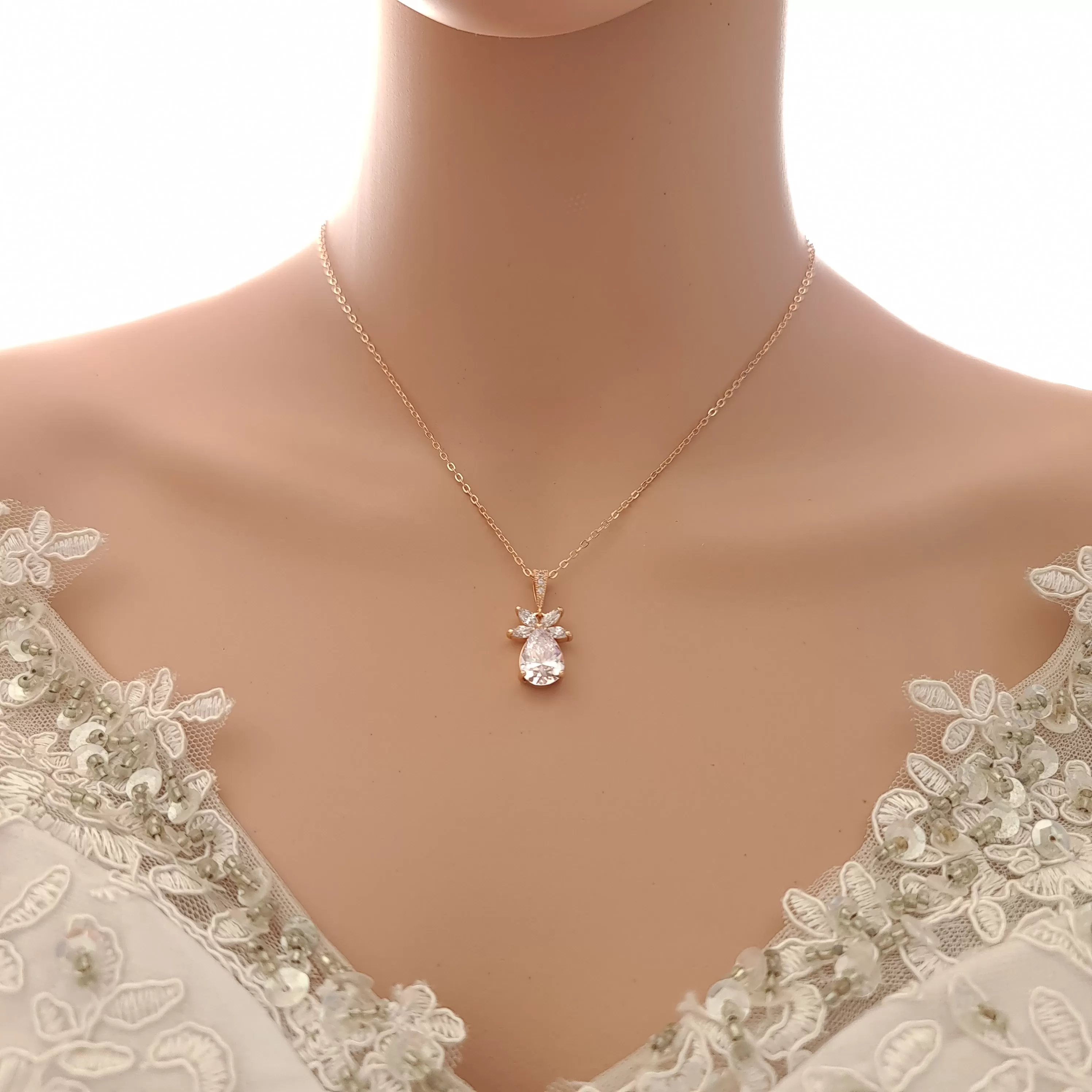 Simple Rose Gold Wedding Necklace and Earrings Set- Stella