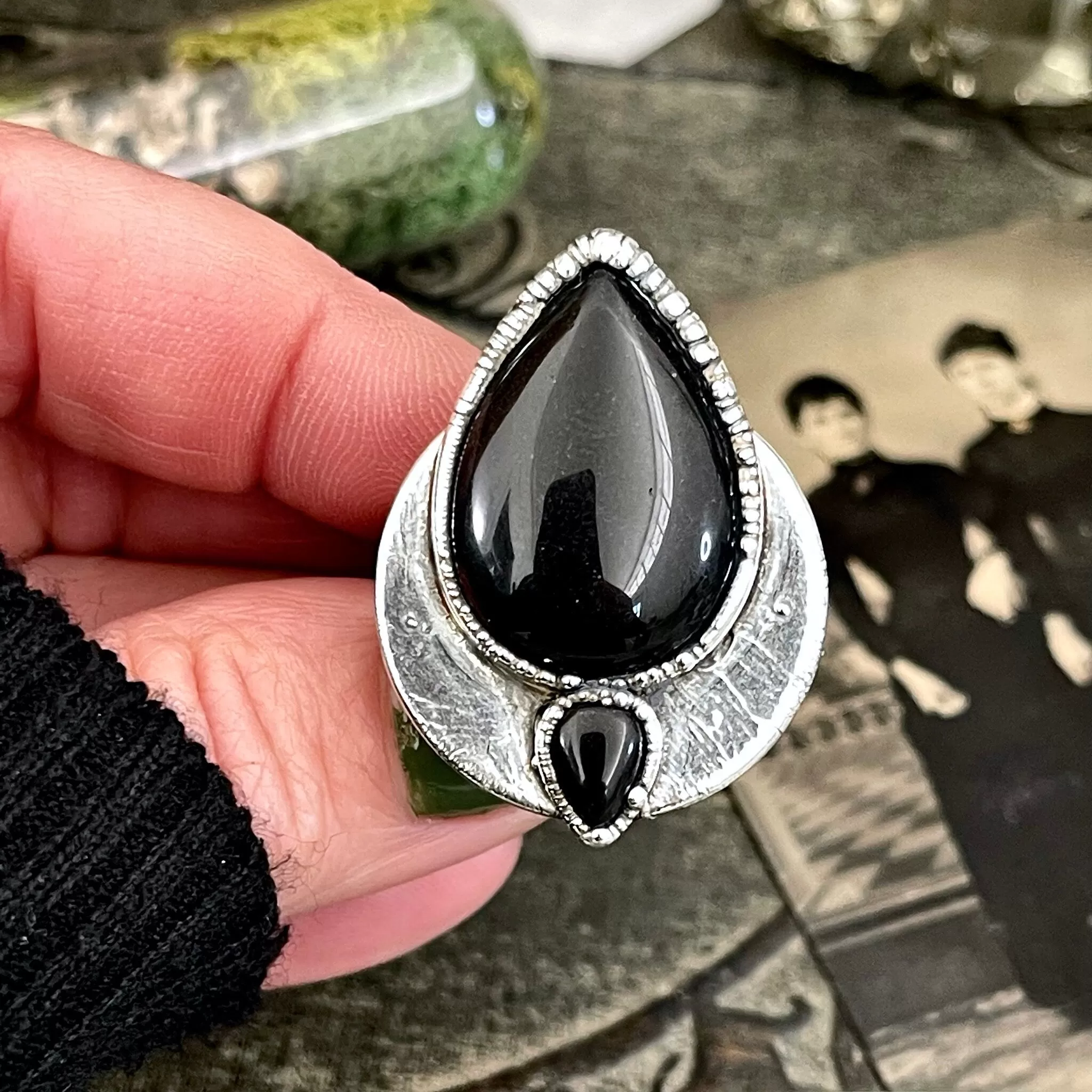 Size 10 Two Stone Ring- Black Onyx Crystal Ring Fine Silver / Foxlark Collection - One of a Kind