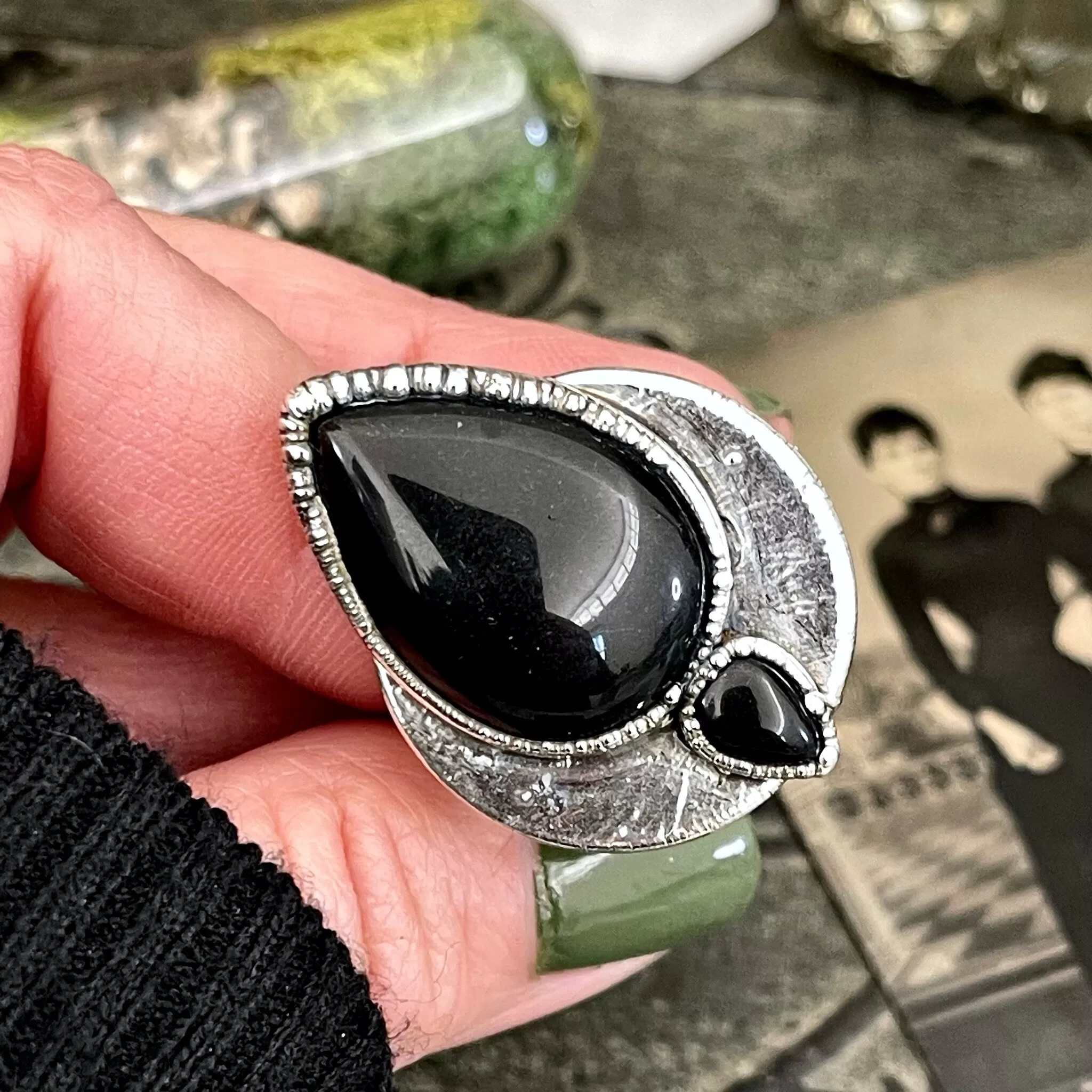 Size 10 Two Stone Ring- Black Onyx Crystal Ring Fine Silver / Foxlark Collection - One of a Kind