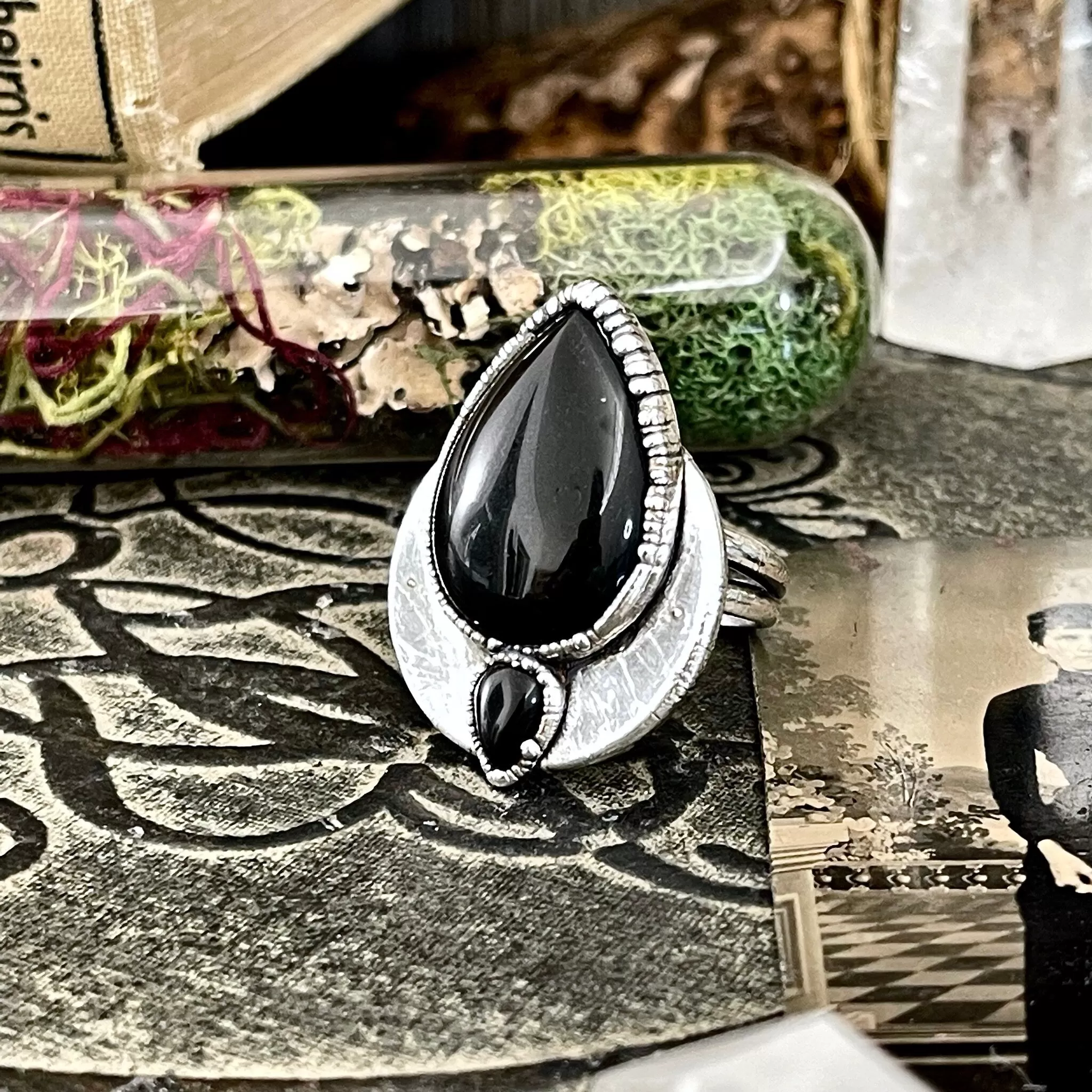 Size 10 Two Stone Ring- Black Onyx Crystal Ring Fine Silver / Foxlark Collection - One of a Kind