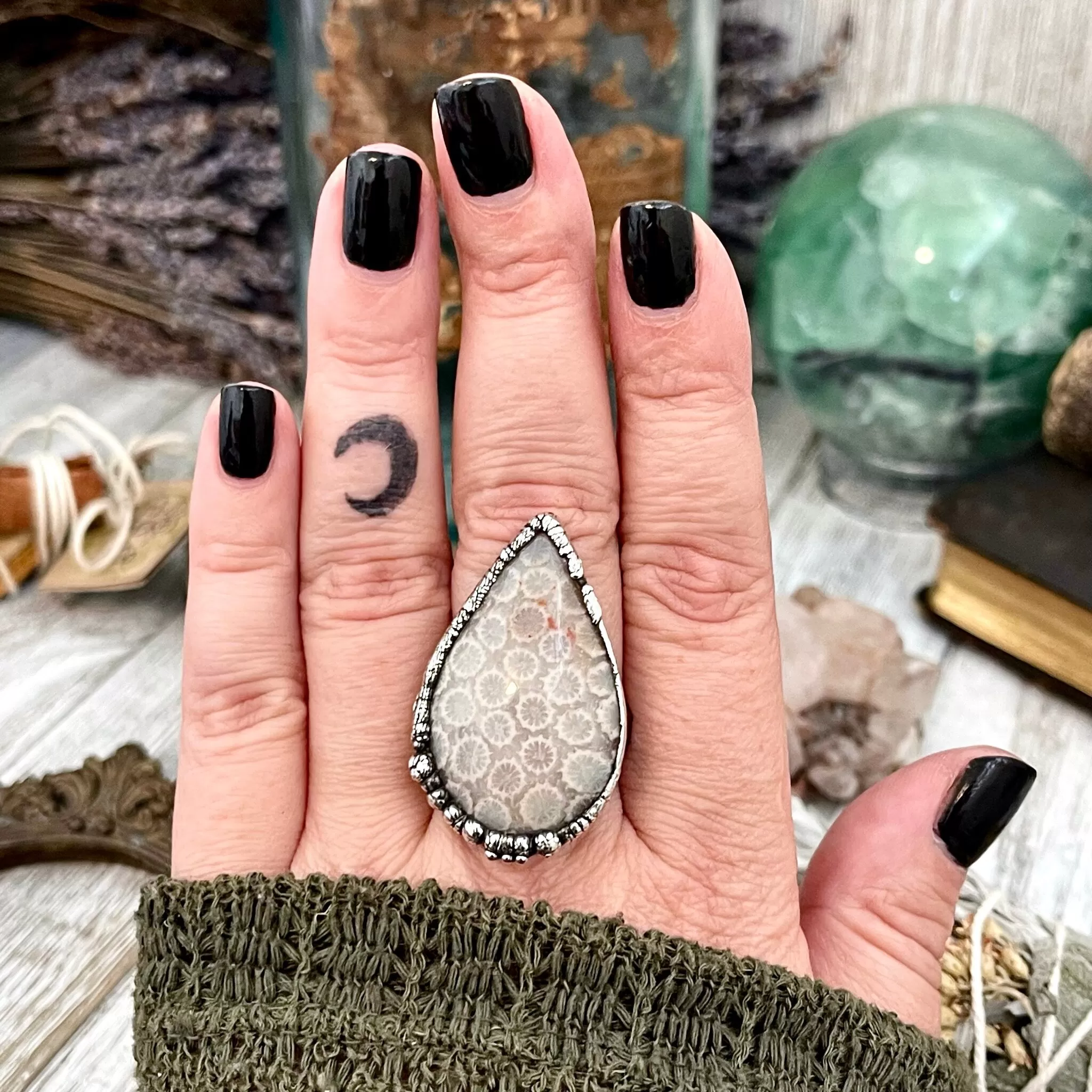 Size 10.5 Fossilized Coral Silver Statement Ring in Fine Silver / Foxlark Collection - One of a Kind