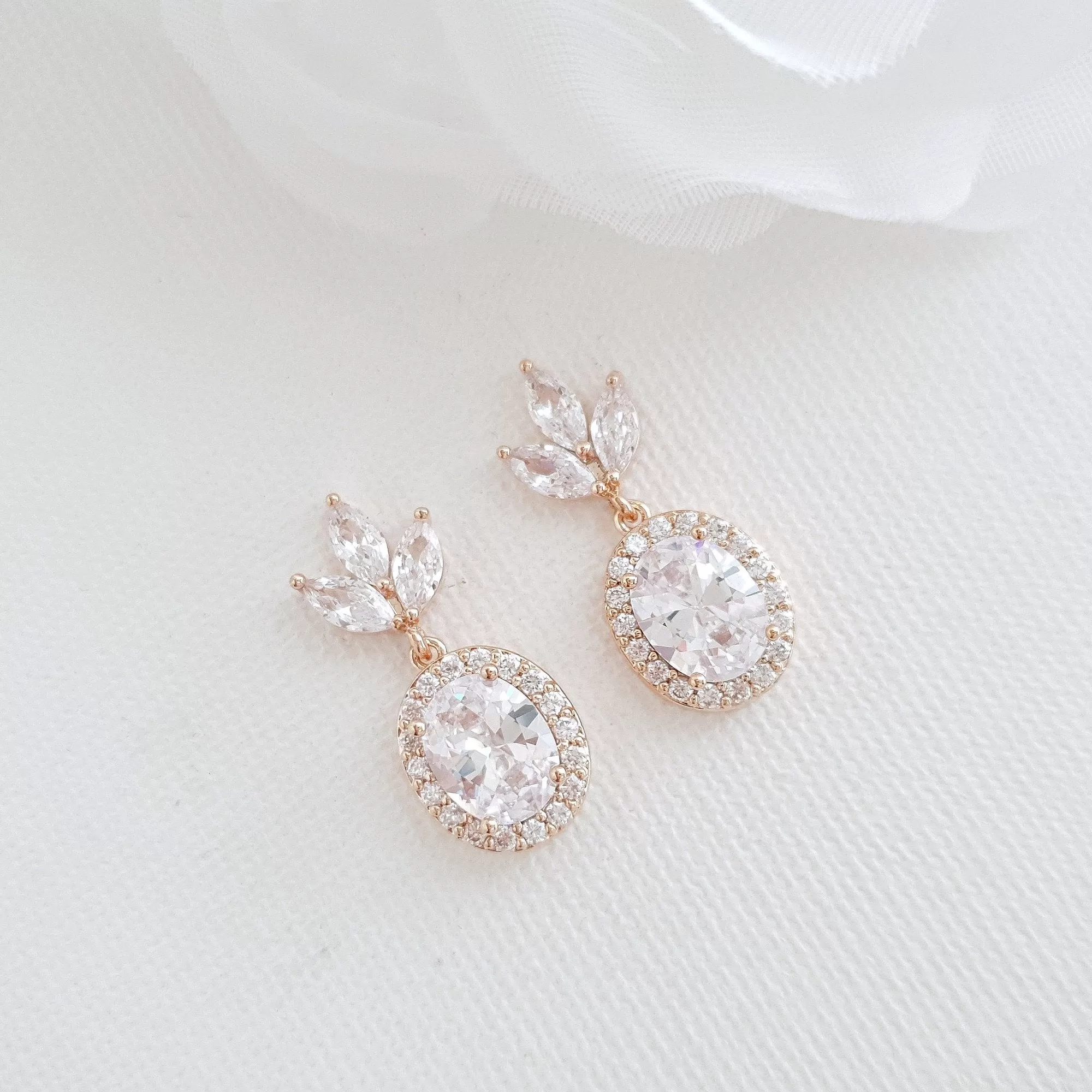 Small Bridal Earrings With Oval Crystals & Rose Gold- Emily