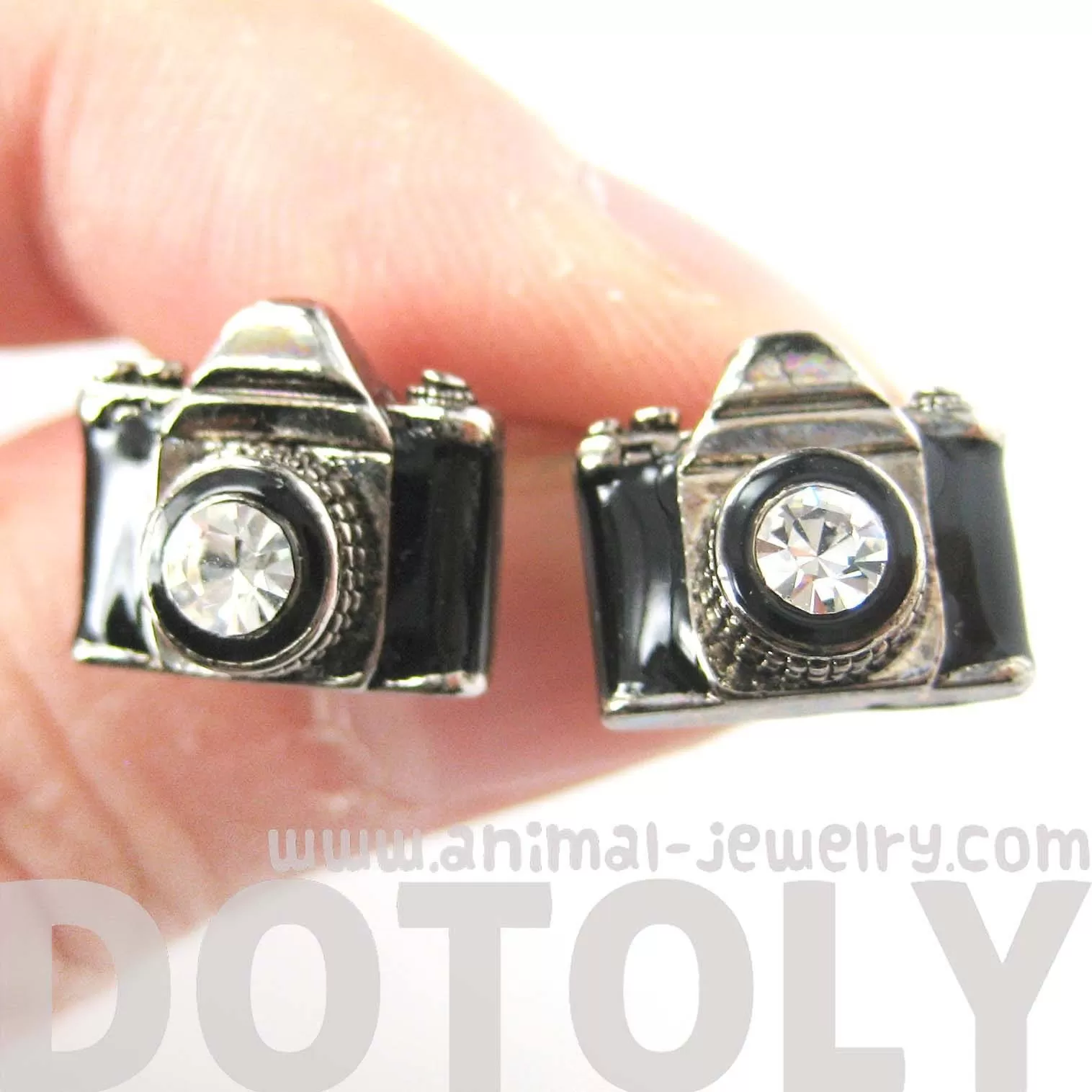 Small Camera Photography Themed Stud Earrings in Black and Silver