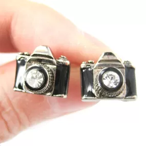 Small Camera Photography Themed Stud Earrings in Black and Silver