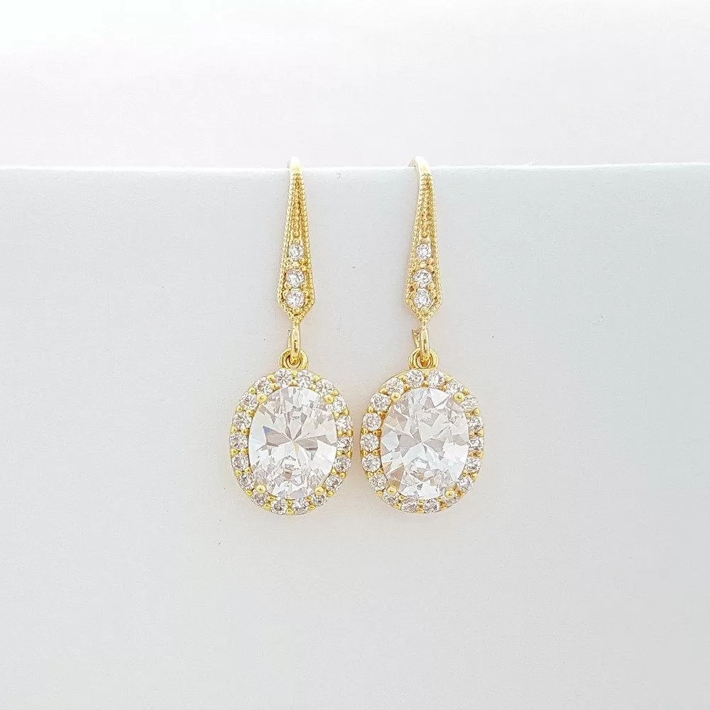 Small Gold Dangle Earrings With Oval CZ Drops-Emily