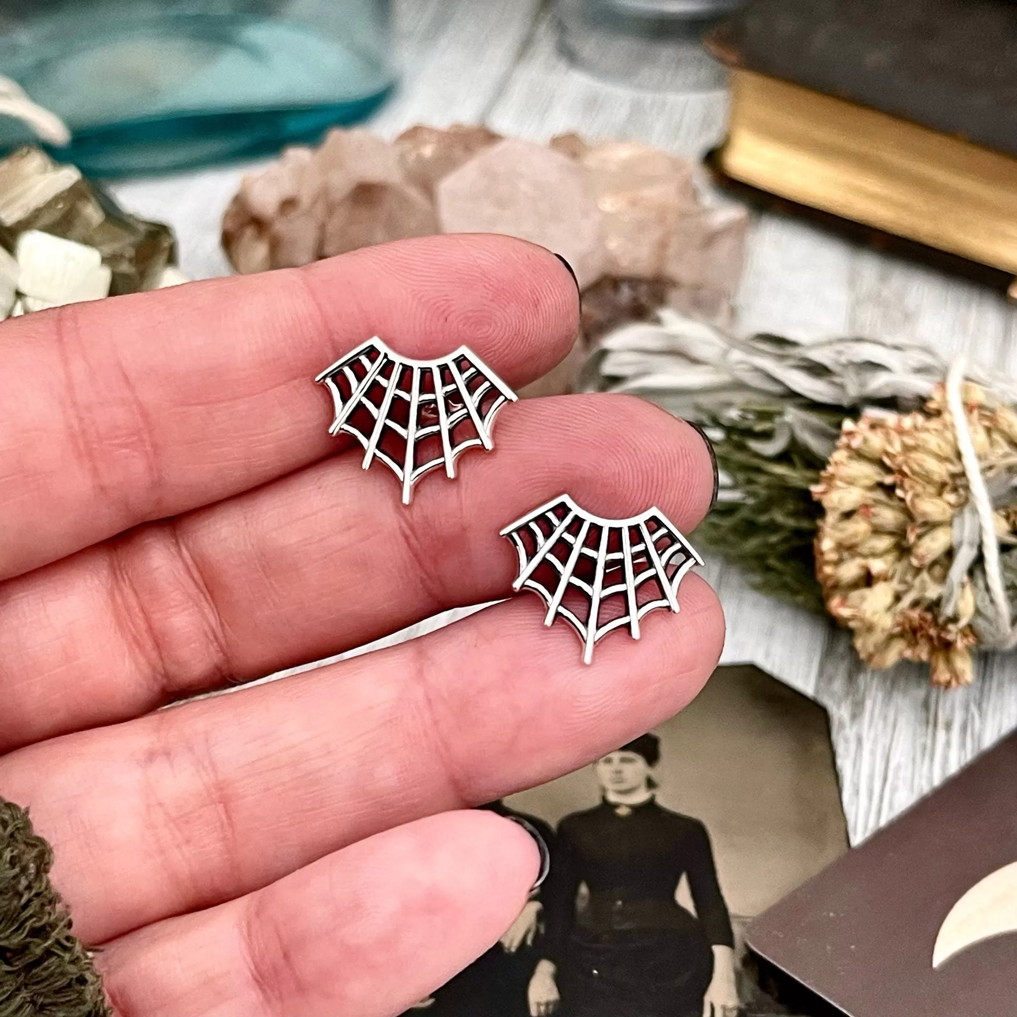 Spider Web Stud Earrings / Sterling Silver Stud Earrings