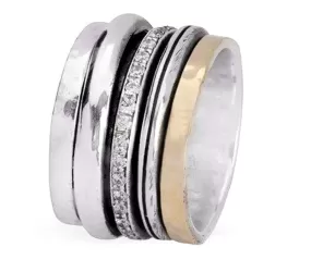 Spinner Ring set with zircons / silver gold 9ct / Two tones Metals Ring