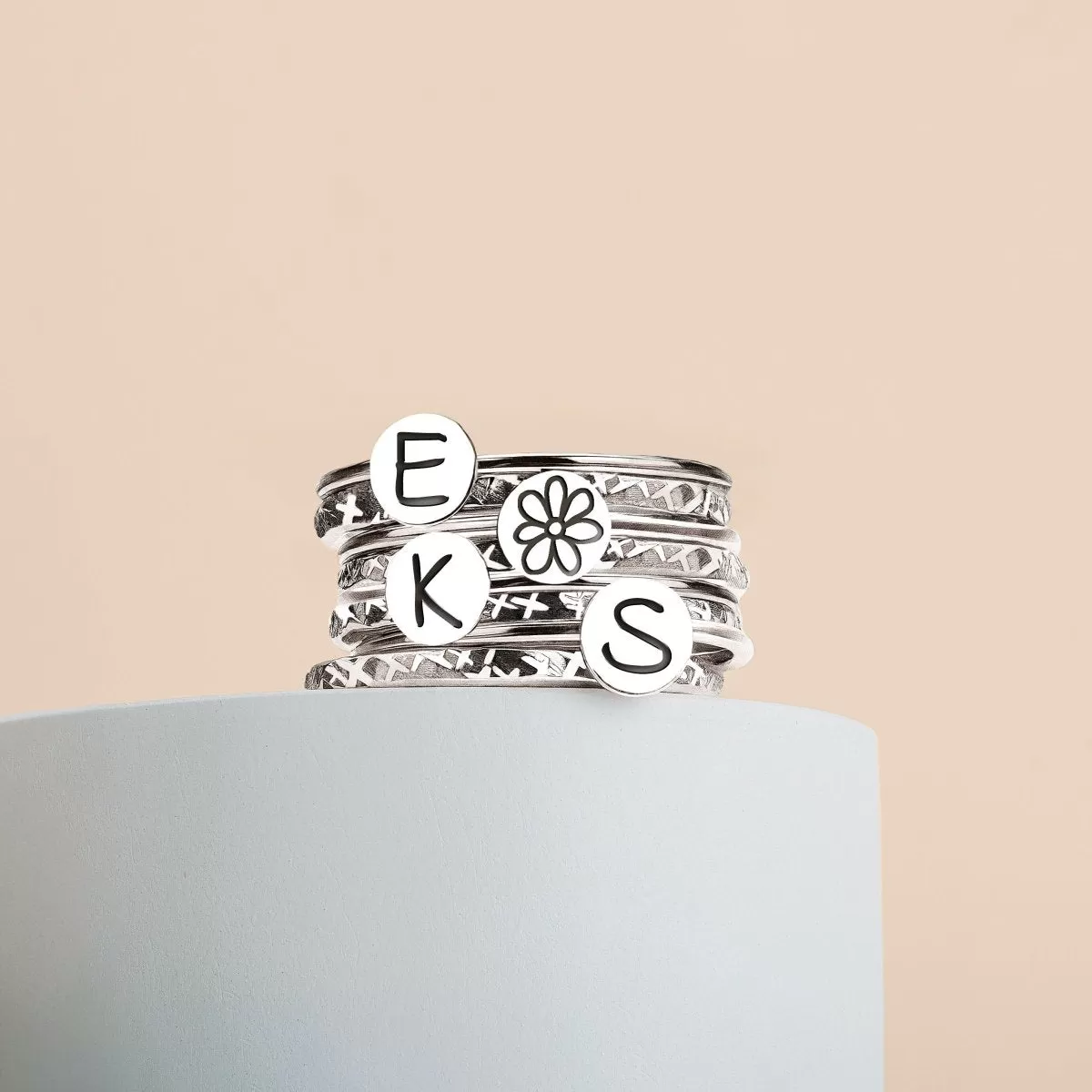 Stackable Initial Rings | 4 Initials, 8 Ring Set