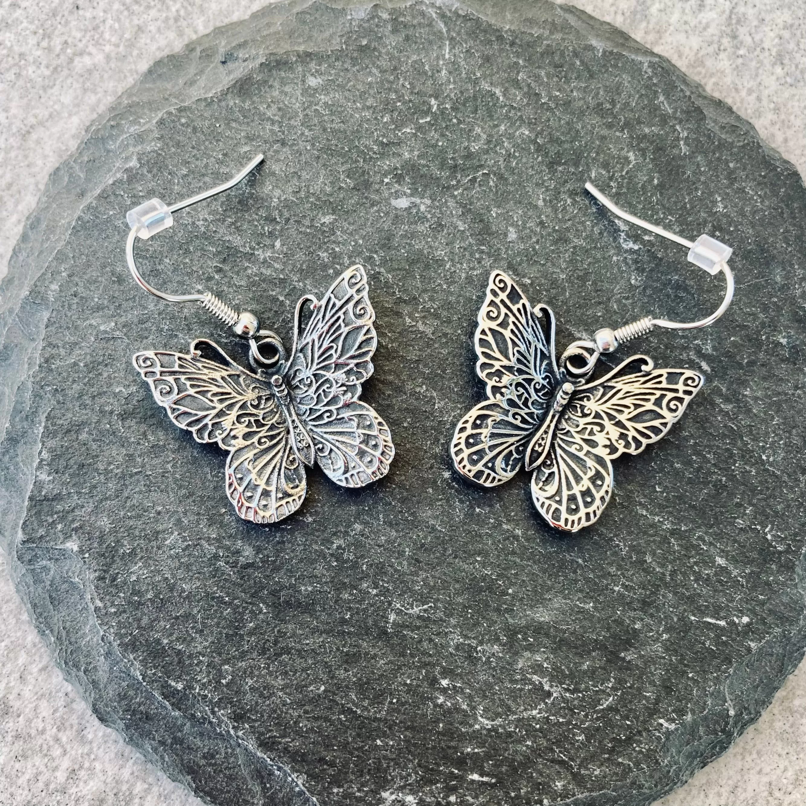 Stainless Steel - Scrollwork Butterfly - Earrings - 304E