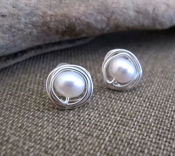 Sterling Silver Wire Swapped Pearl Stud Earrings