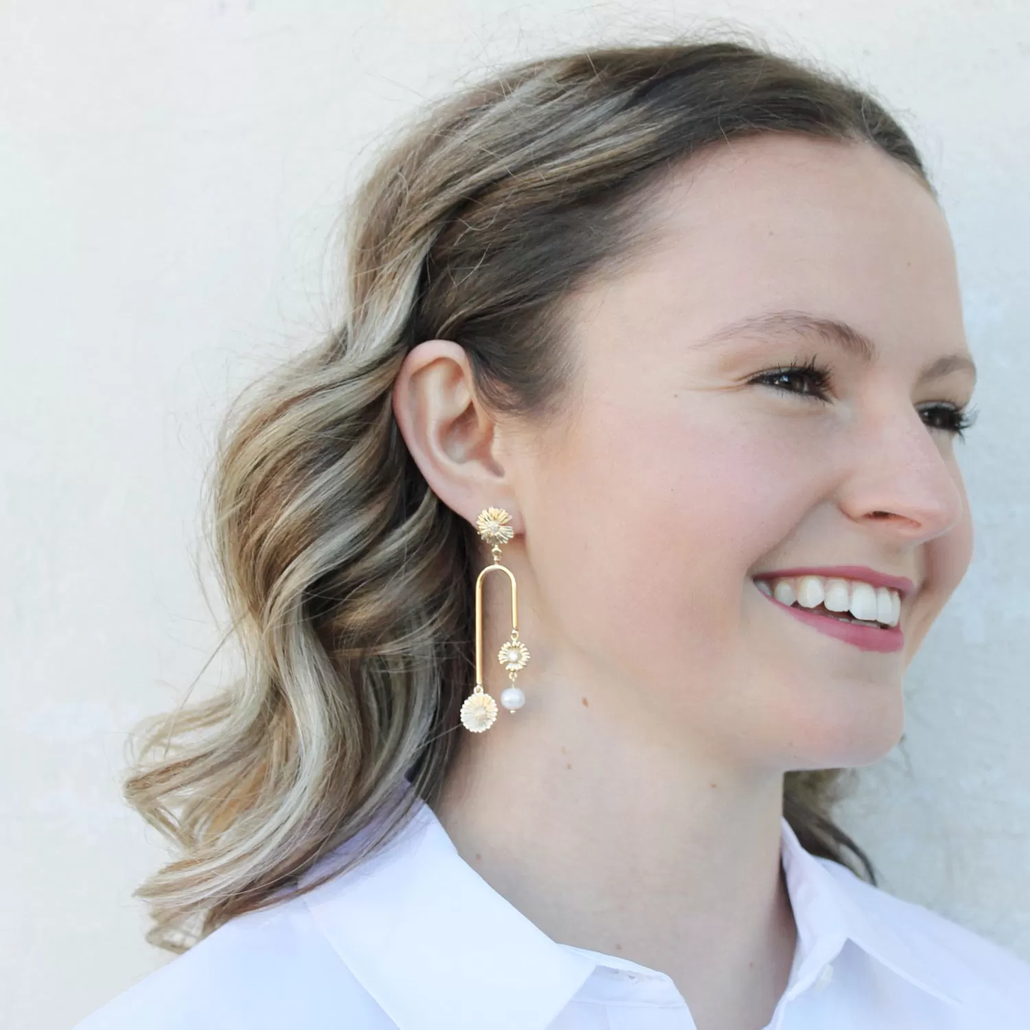 Sunflower and Pearl Drop Earrings