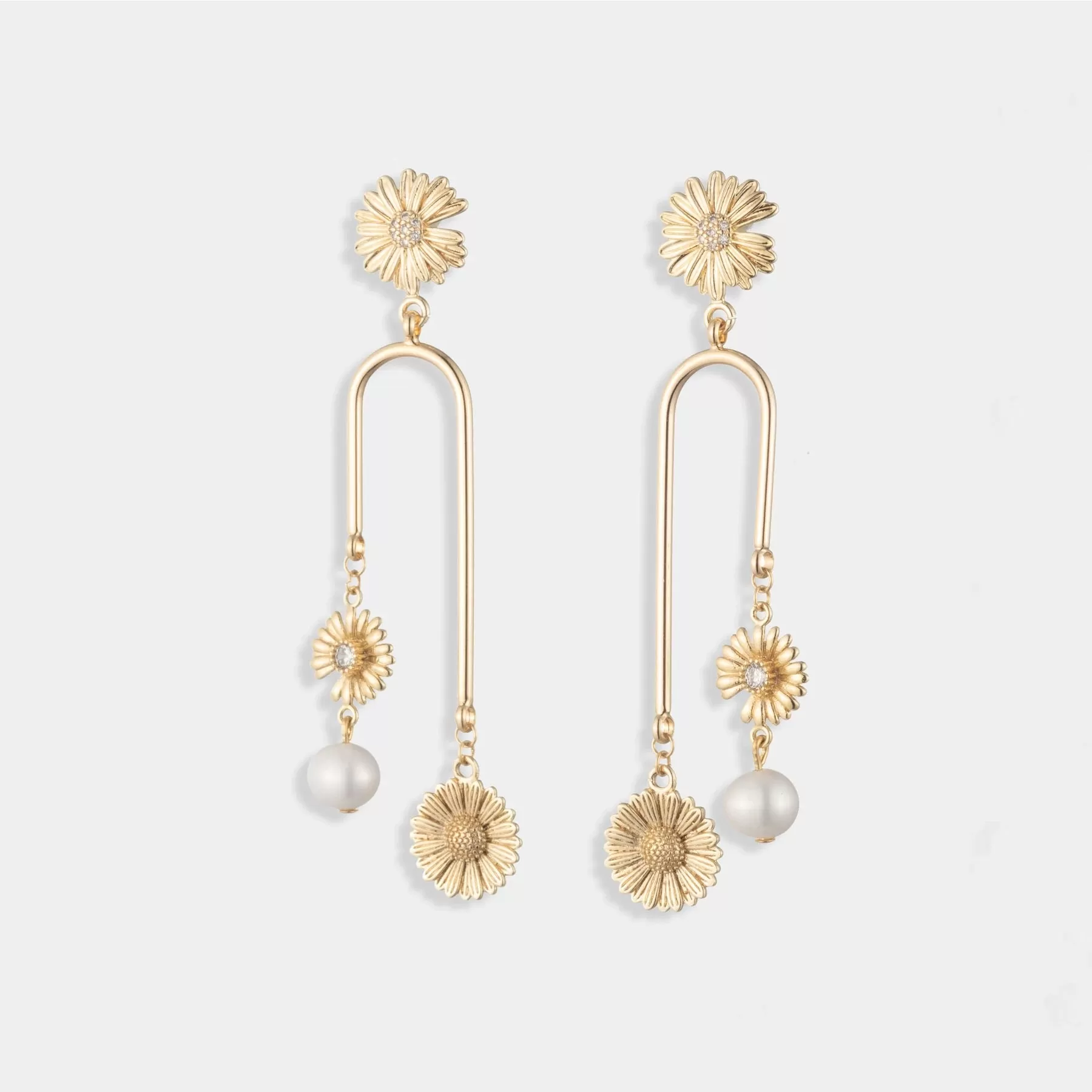 Sunflower and Pearl Drop Earrings