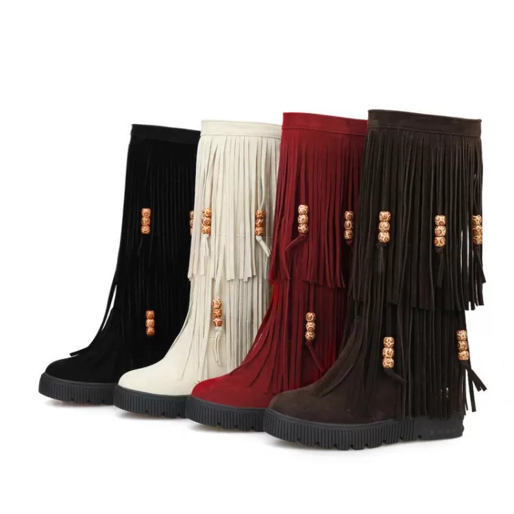 Tassel Suede Mid Calf Boots Wedge Heel 6700