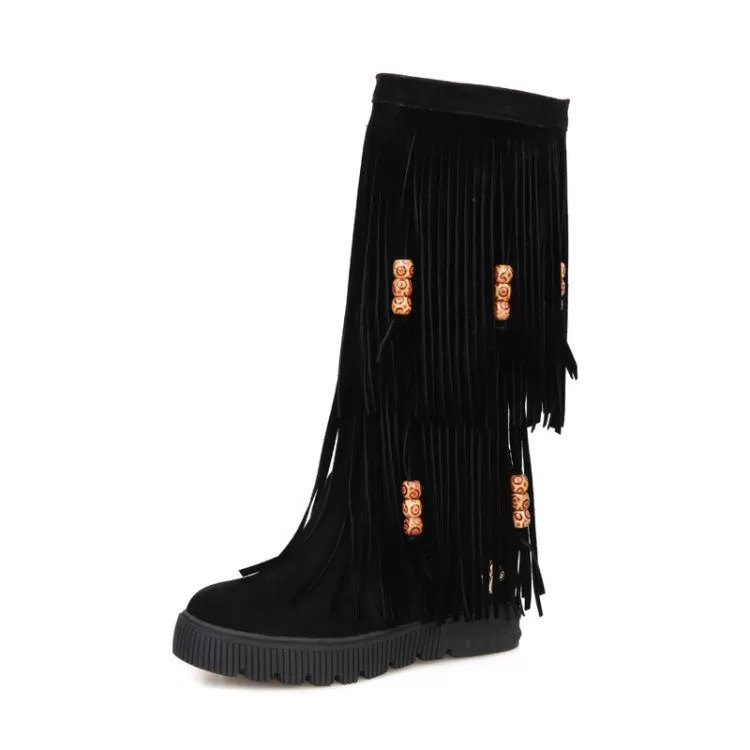 Tassel Suede Mid Calf Boots Wedge Heel 6700