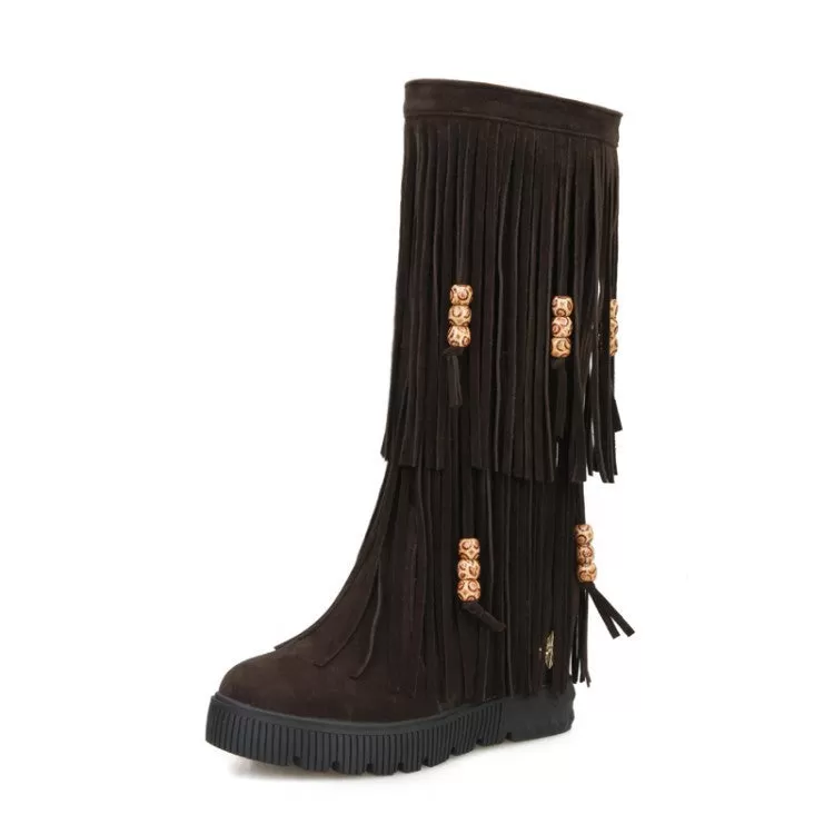 Tassel Suede Mid Calf Boots Wedge Heel 6700