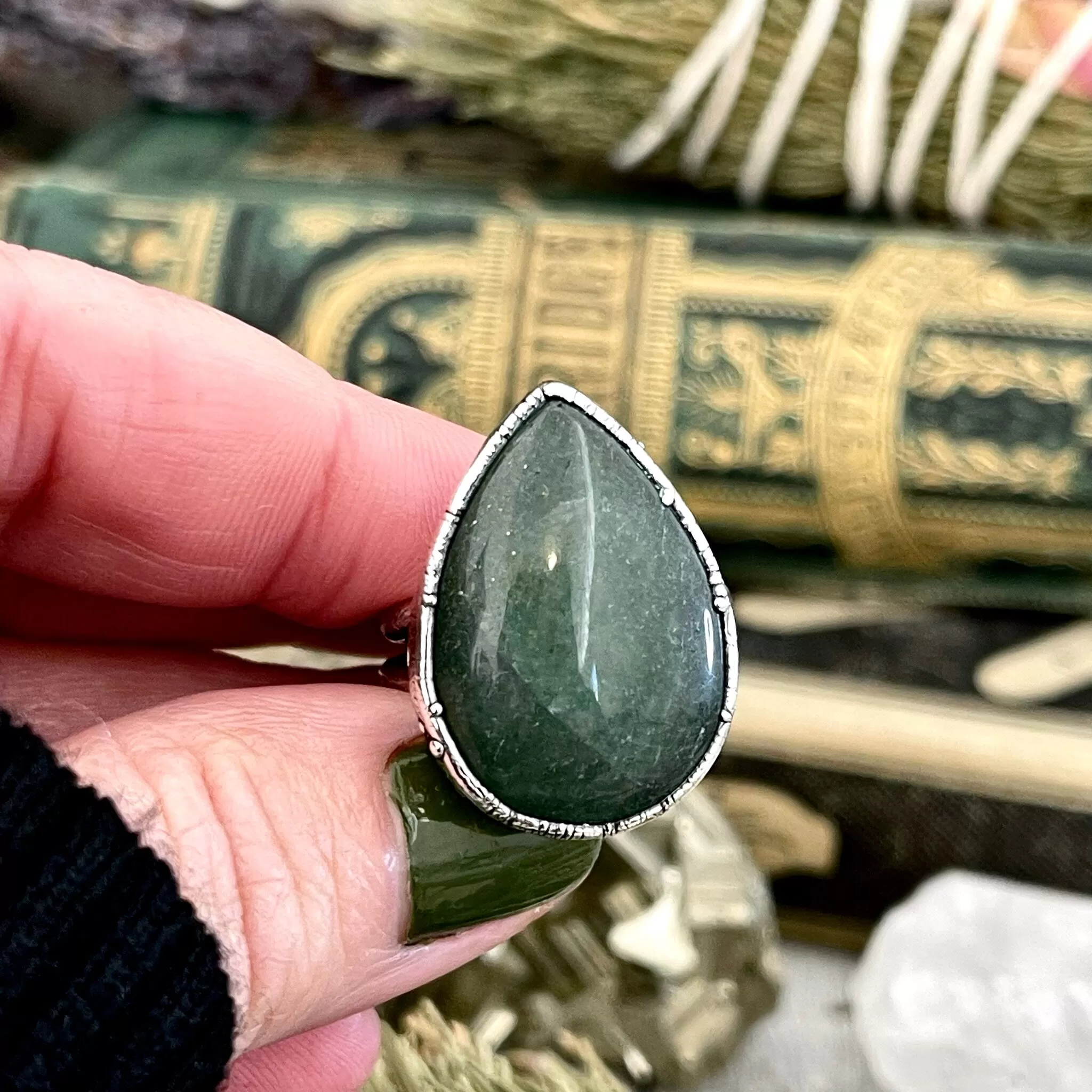 Teardrop Green Aventurine Ring Fine Silver Size 5 6 7 8 9 10 Foxlark Collection /