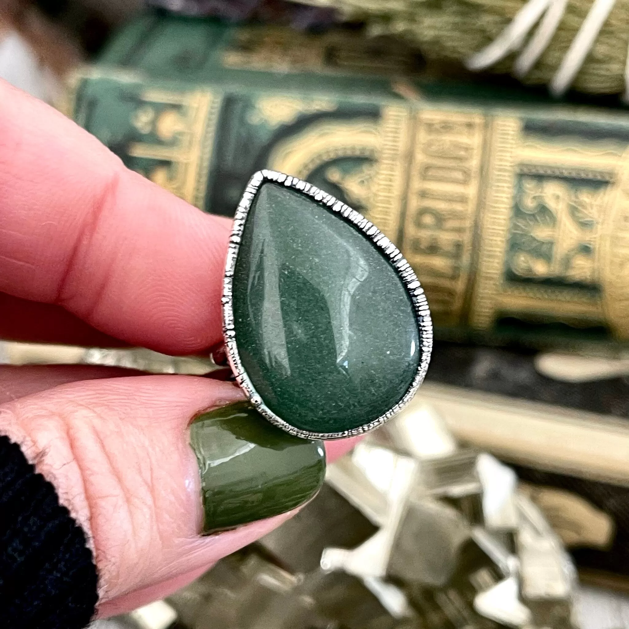 Teardrop Green Aventurine Ring Fine Silver Size 5 6 7 8 9 10 Foxlark Collection /