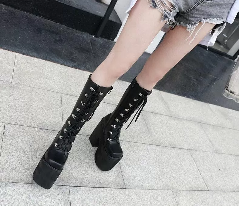 Thick Block Platform High Heels Boots