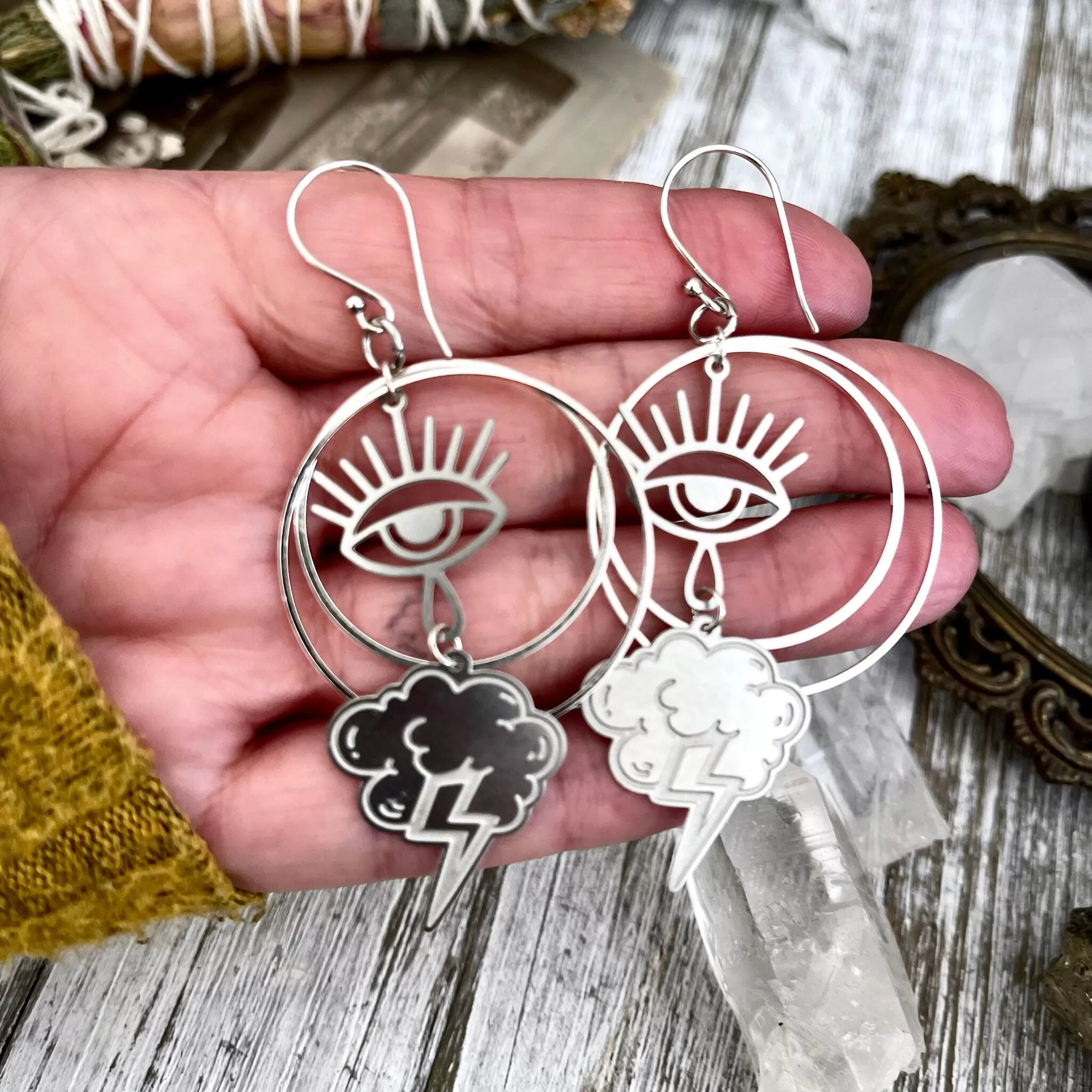 Thundercloud & Eye Hoop Stainless Steel Earrings/  Evil Eye Hoop Earrings  - Long Dangly Gothic Earrings