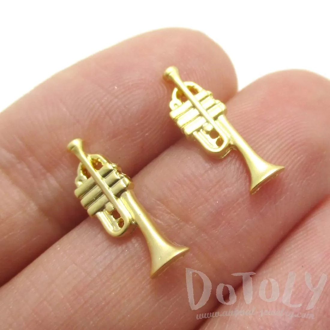 Tiny Trumpet Shaped Stud Earrings in Gold | Music Themed Jewelry