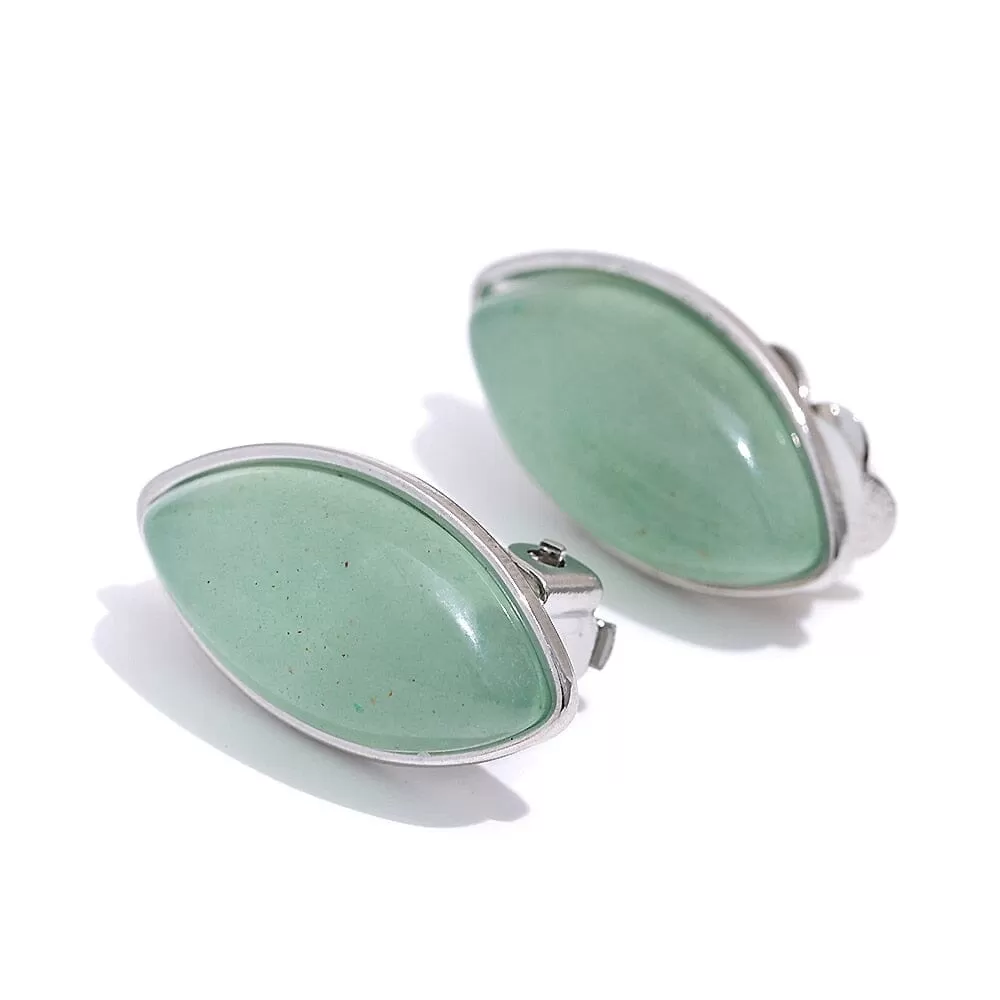 Trendy Elegant Green Aventurine White Agate Clip Stainless Steel Earrings