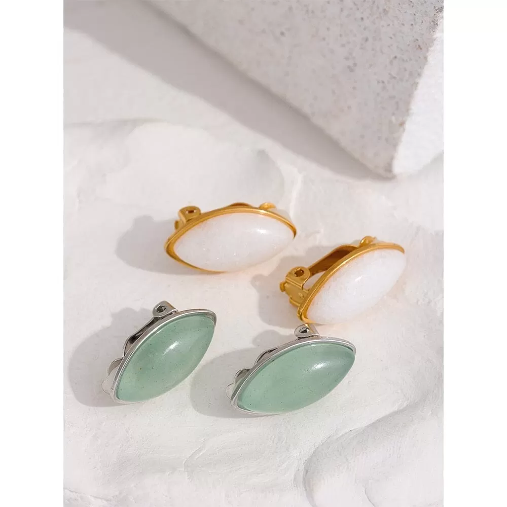 Trendy Elegant Green Aventurine White Agate Clip Stainless Steel Earrings