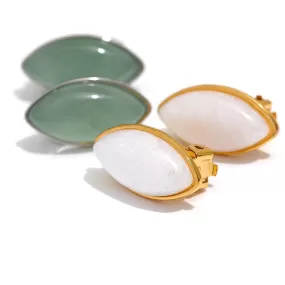 Trendy Elegant Green Aventurine White Agate Clip Stainless Steel Earrings