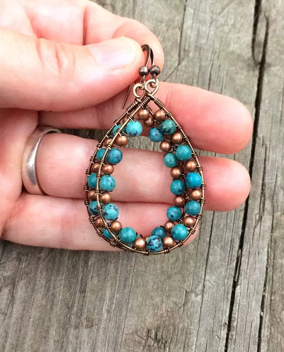 Turquoise earrings, turquoise jewelry, copper hoop earrings, teardrop earrings, boho jewelry, wire wrapped jewelry