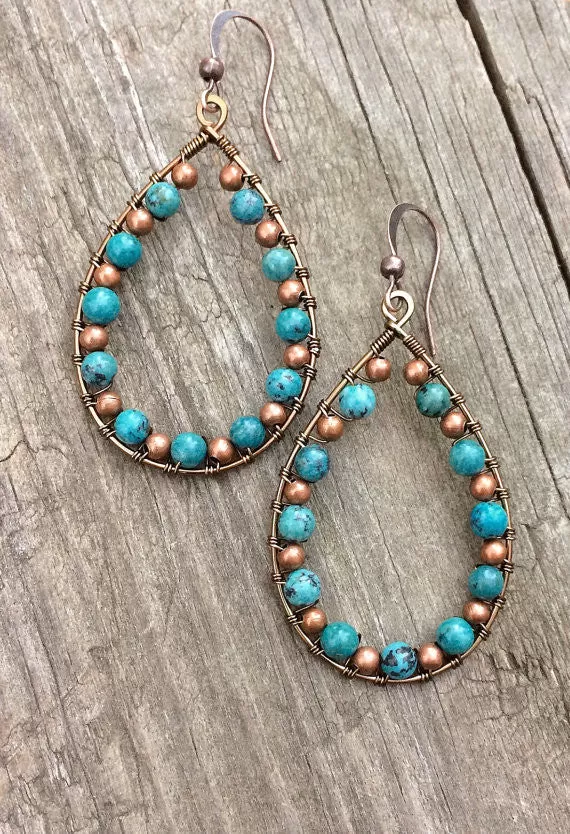 Turquoise earrings, turquoise jewelry, copper hoop earrings, teardrop earrings, boho jewelry, wire wrapped jewelry