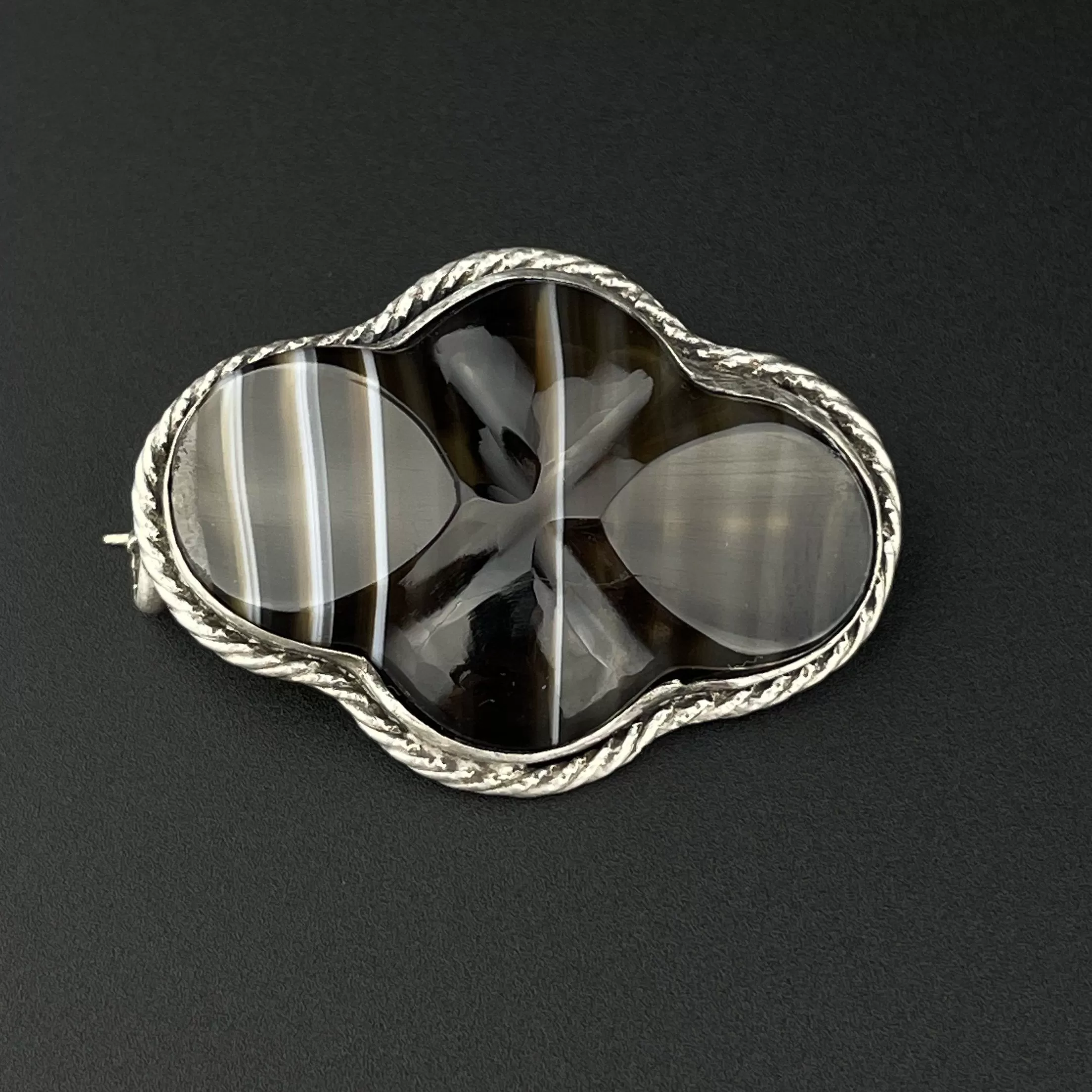 Victorian Silver Carved Scottish Banded Agate Brooch