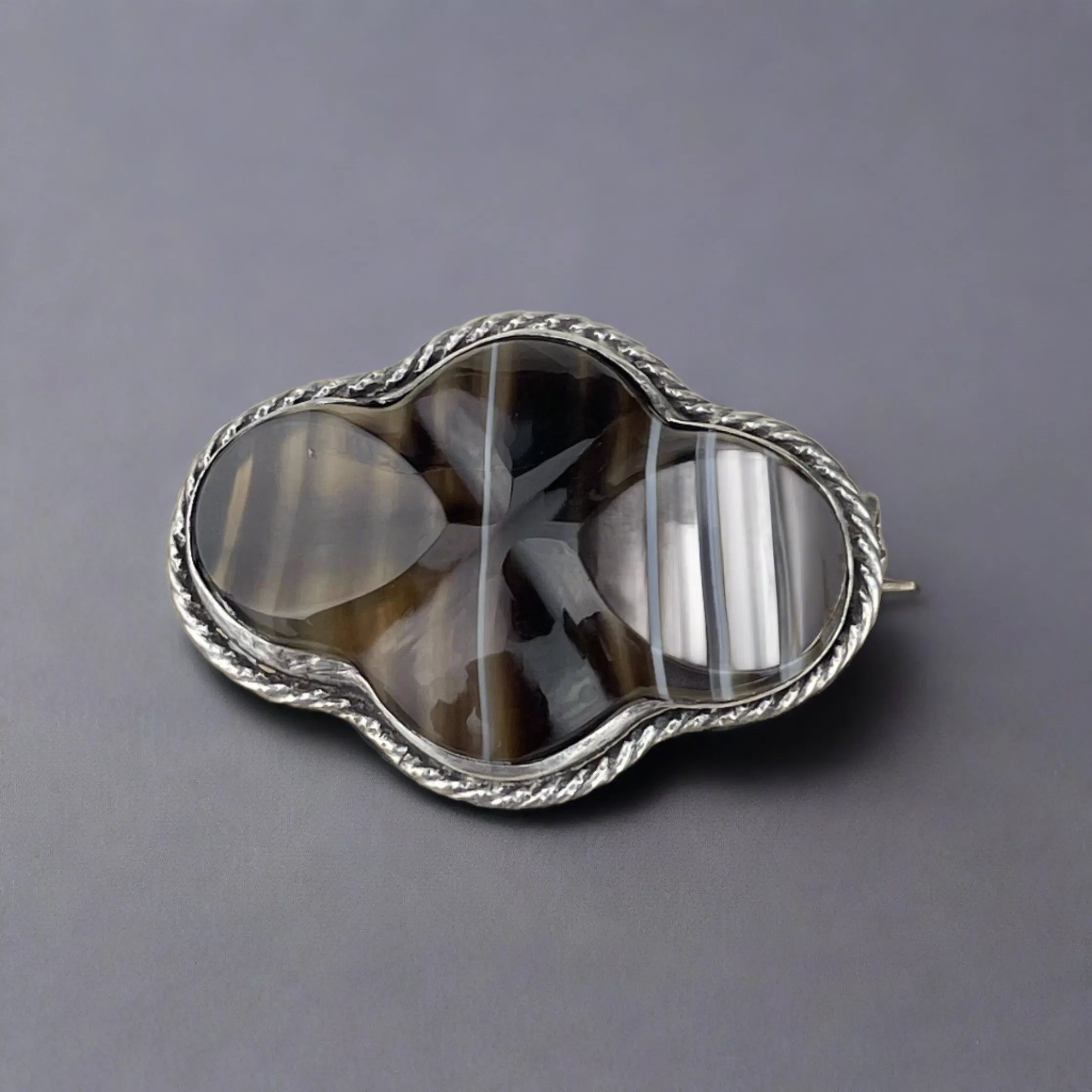 Victorian Silver Carved Scottish Banded Agate Brooch