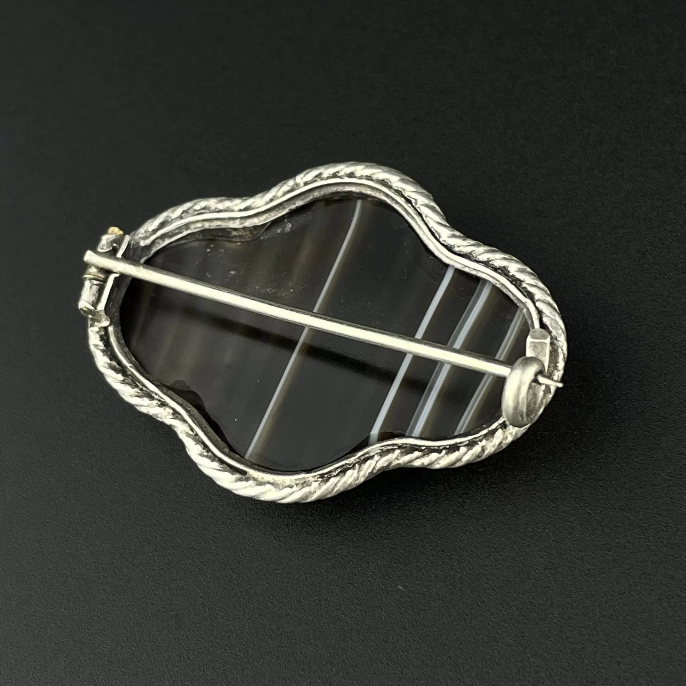 Victorian Silver Carved Scottish Banded Agate Brooch