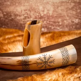 Viking Drinking Horn With Helm of Awe Engravings and Stand