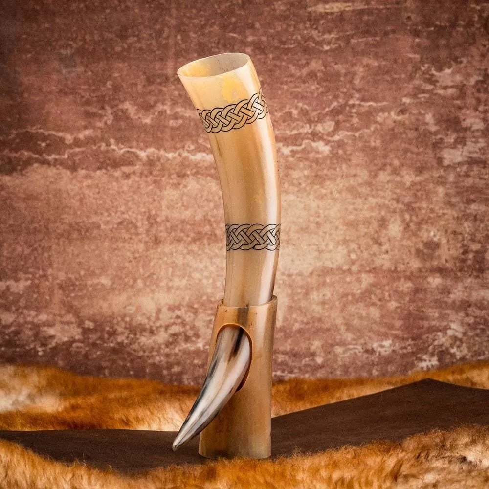 Viking Drinking Horn With Helm of Awe Engravings and Stand