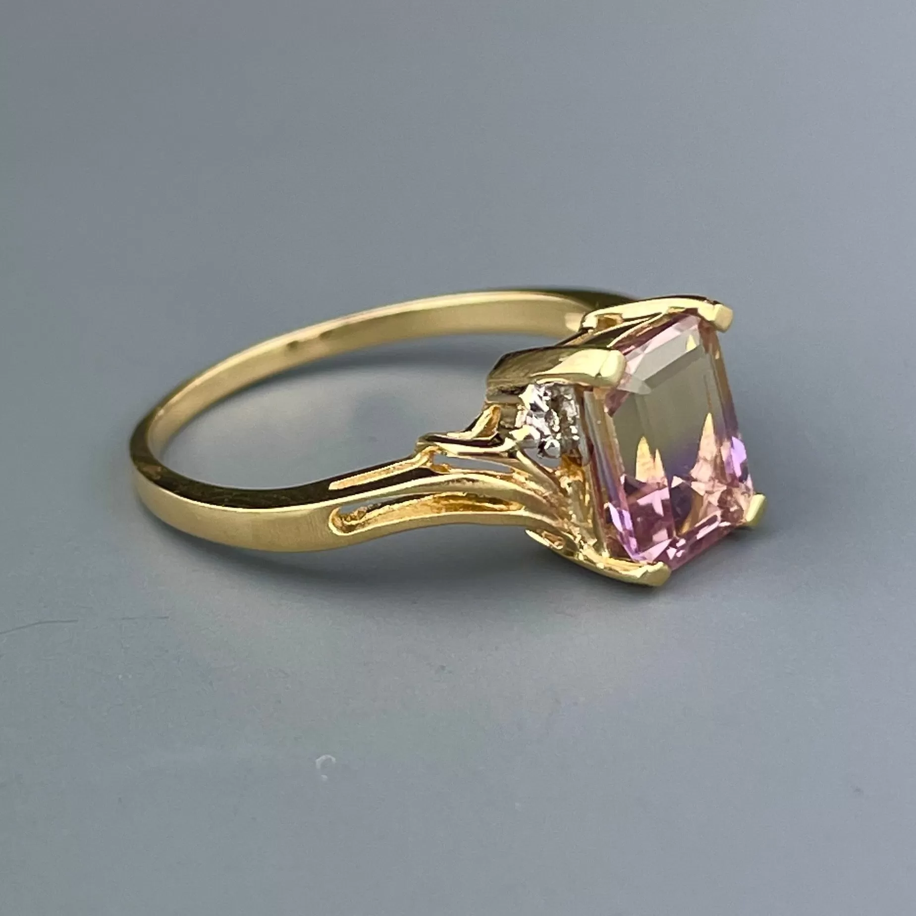 Vintage 14K Gold Diamond Ametrine Cocktail Ring, Sz 7 1/2