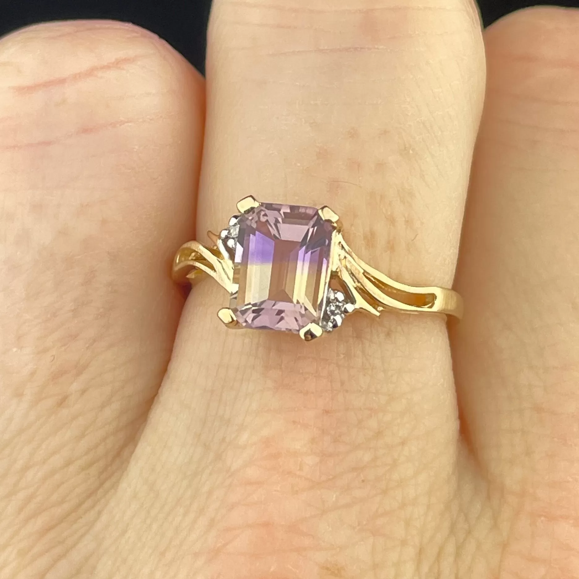 Vintage 14K Gold Diamond Ametrine Cocktail Ring, Sz 7 1/2