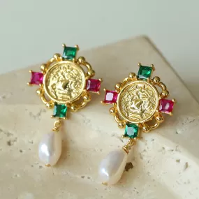 Vintage Coin Pearl Earrings