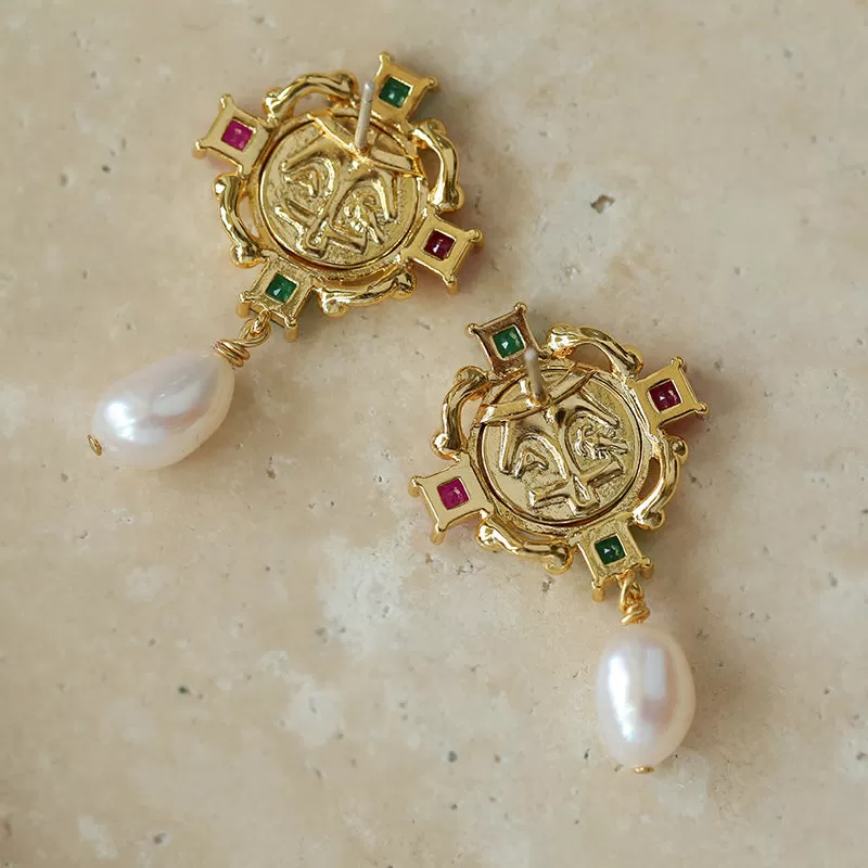 Vintage Coin Pearl Earrings