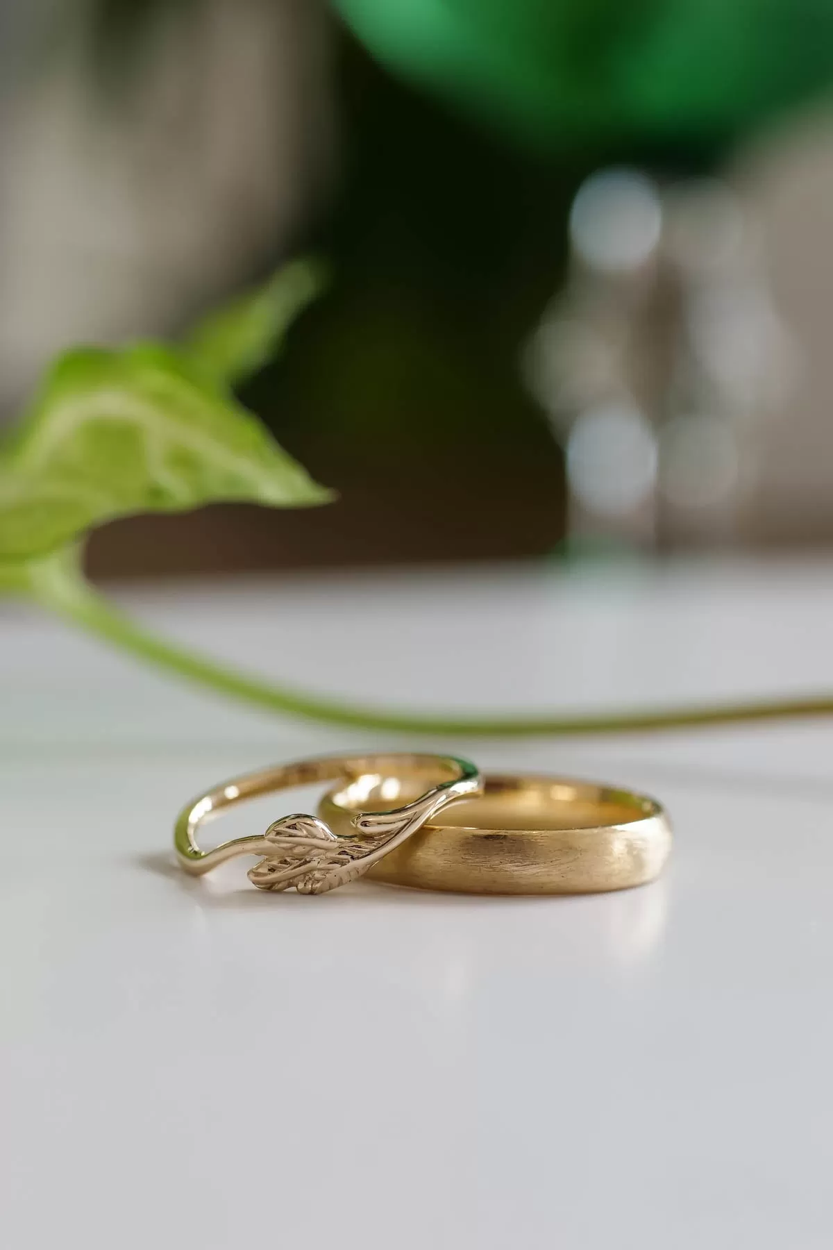 Wedding bands set for couple: satin band for him, branch band for her