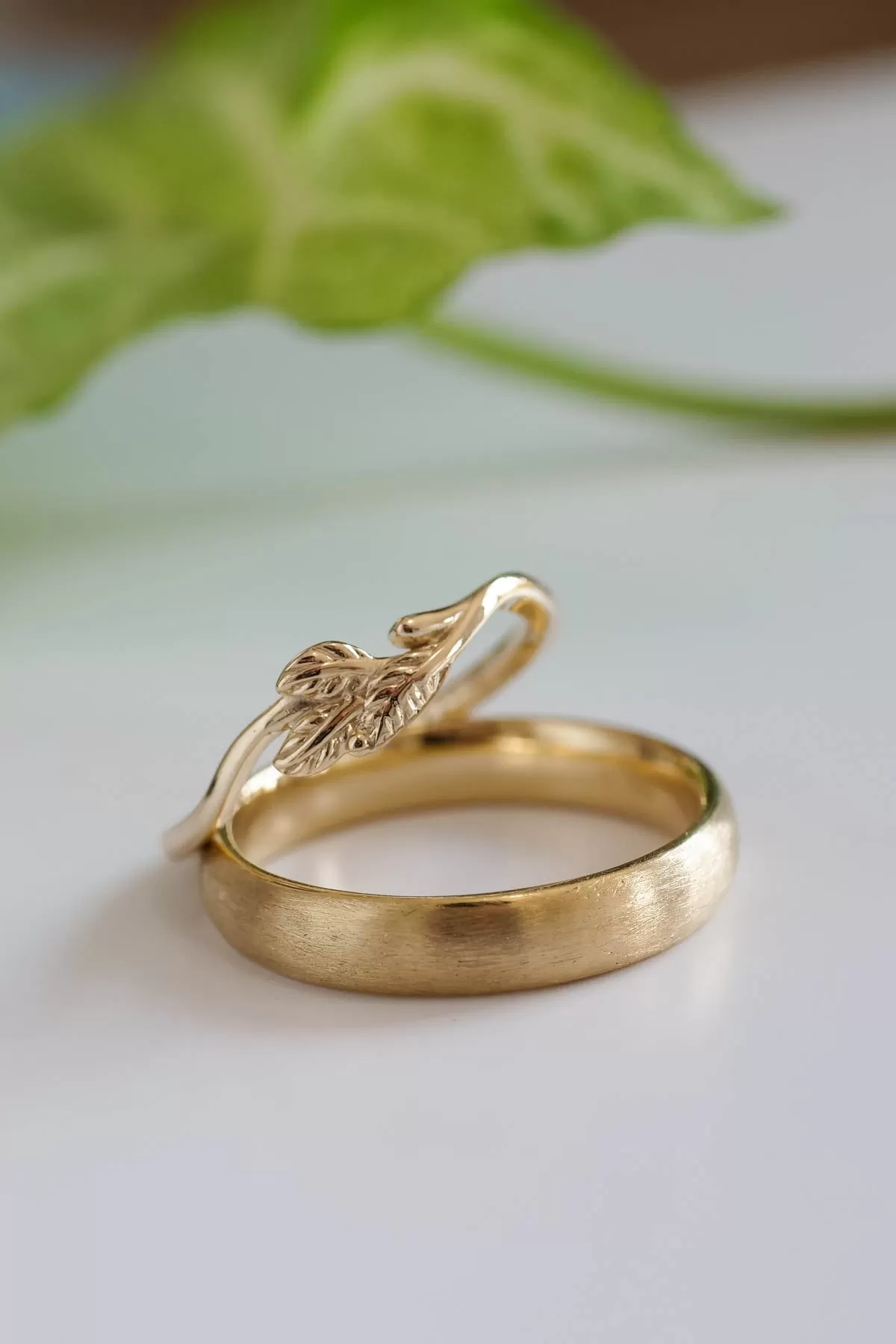 Wedding bands set for couple: satin band for him, branch band for her