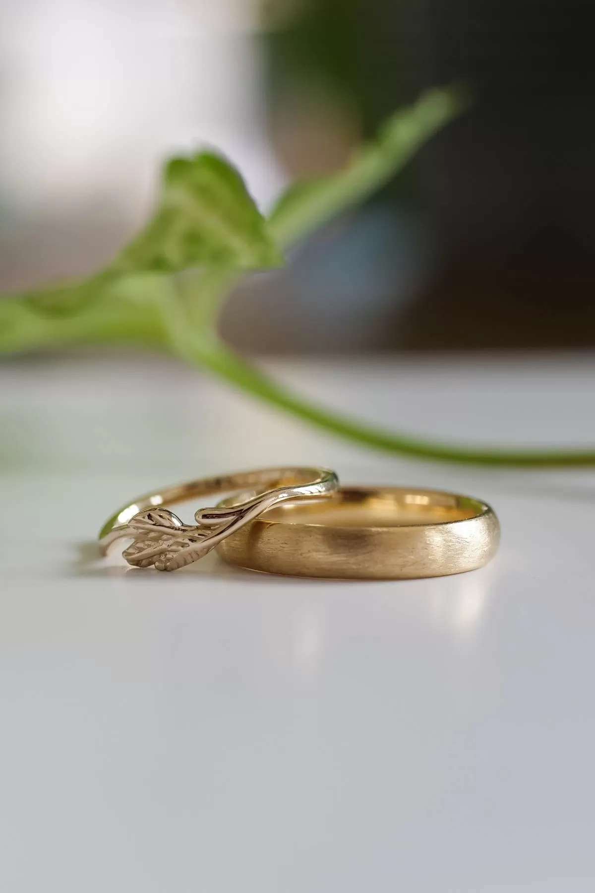 Wedding bands set for couple: satin band for him, branch band for her