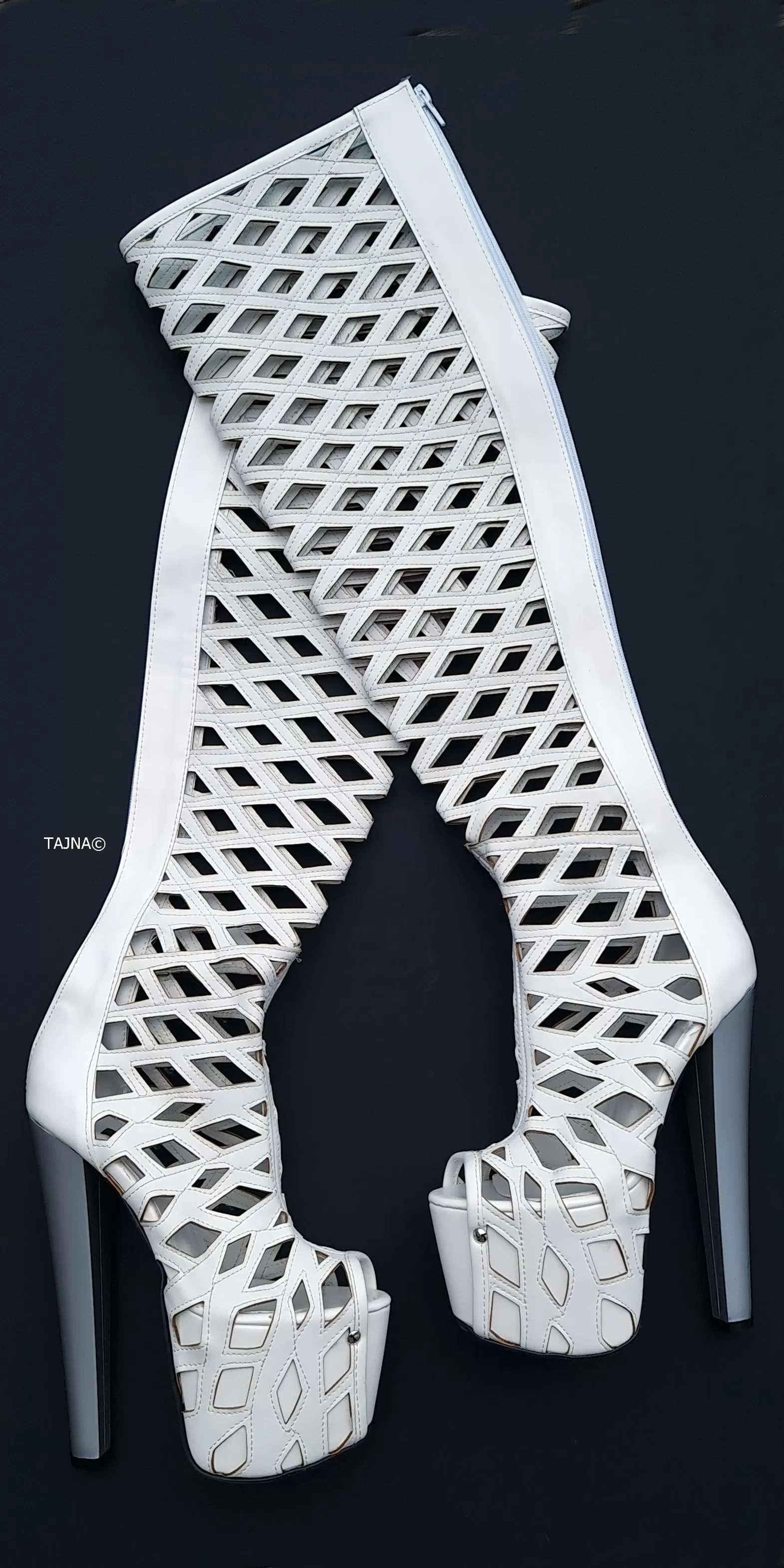 White Laser Cut Thigh High Thick Heel Boots