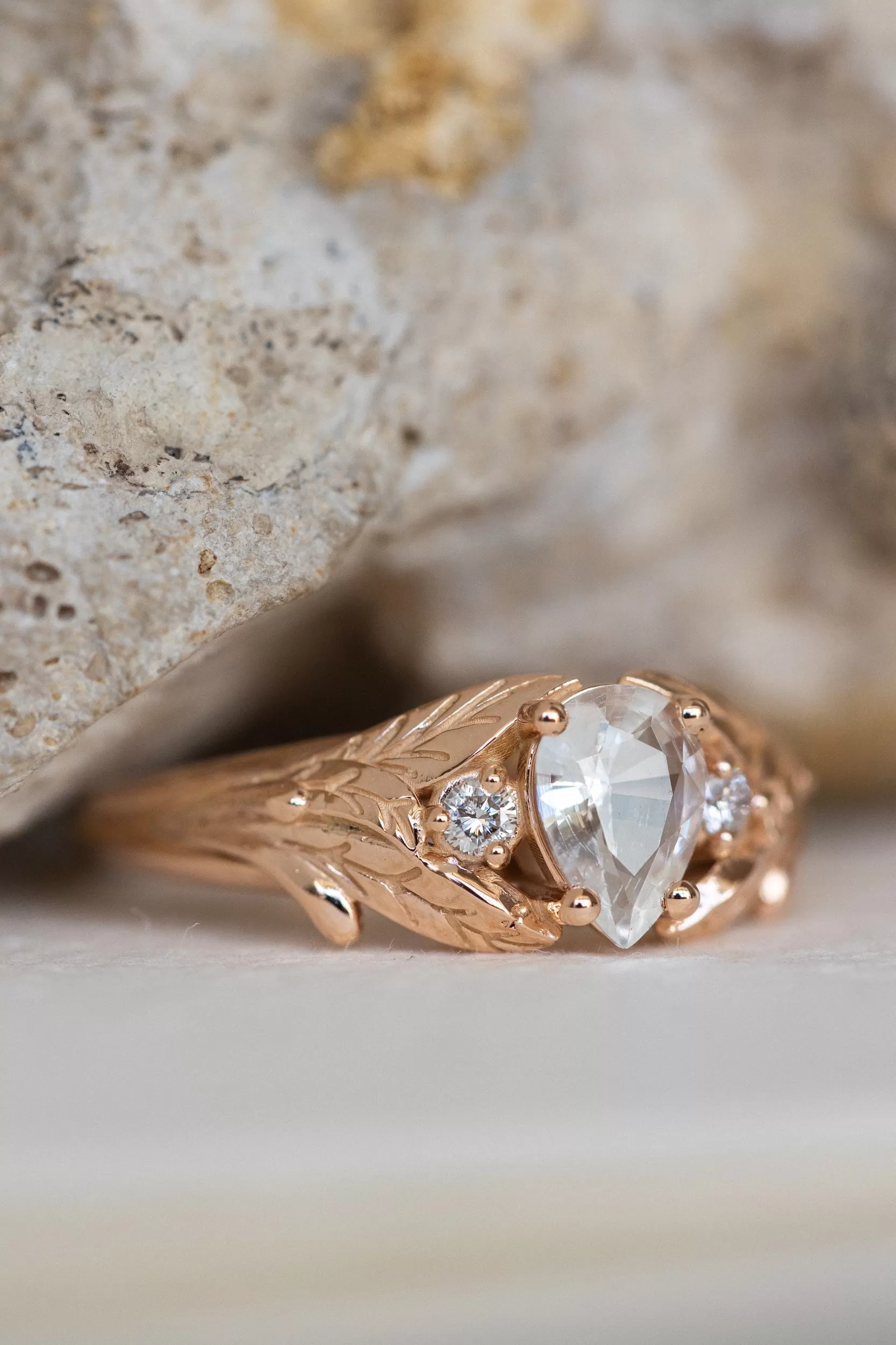 White sapphire engagement ring, rose gold engagement ring with accent diamonds / Wisteria