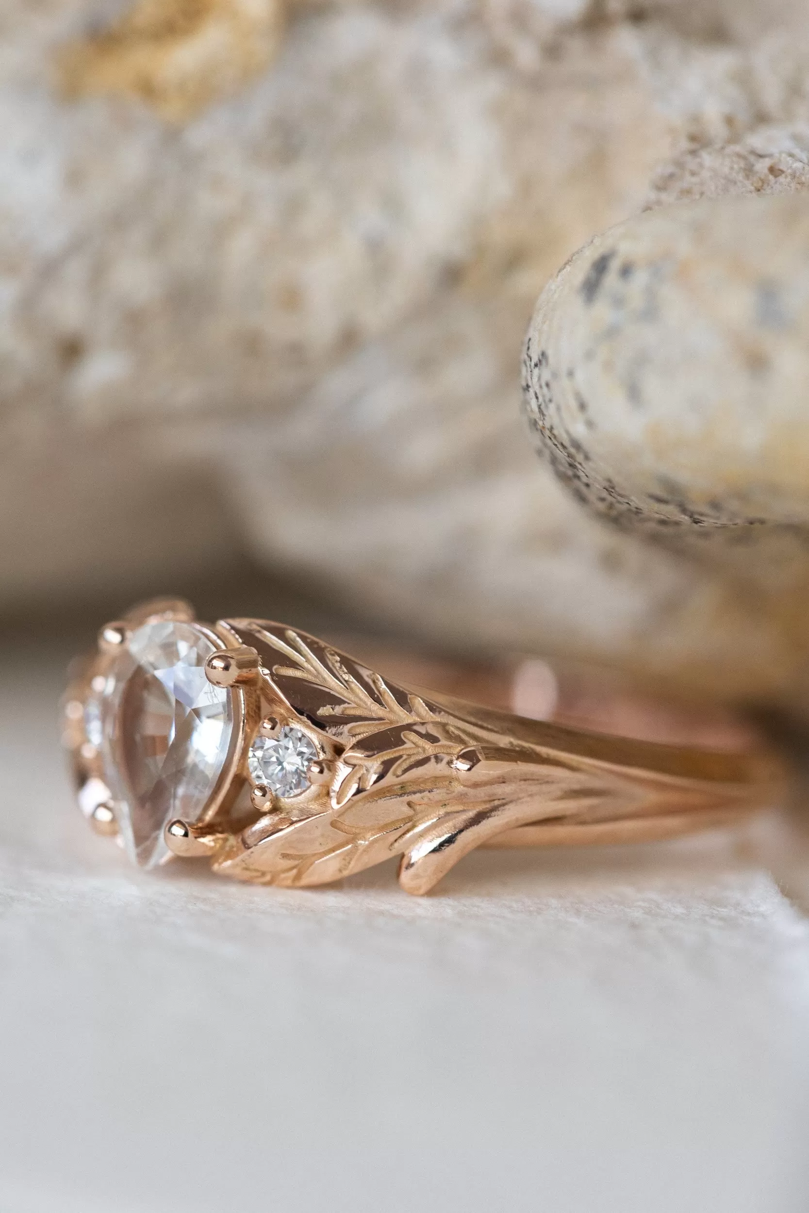 White sapphire engagement ring, rose gold engagement ring with accent diamonds / Wisteria