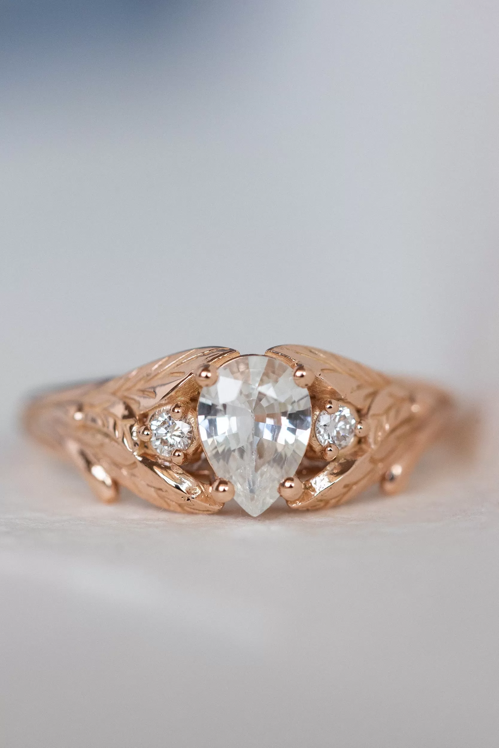 White sapphire engagement ring, rose gold engagement ring with accent diamonds / Wisteria