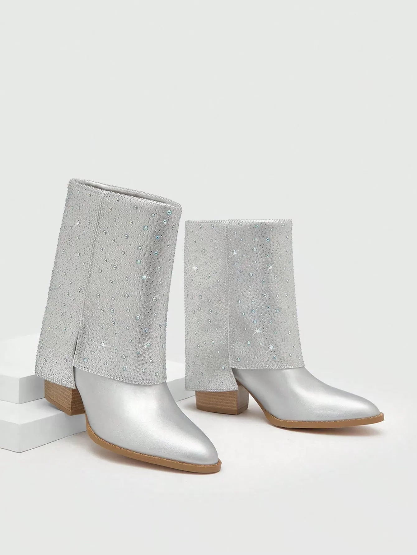 Women Rhinestone Decor Metallic Fashion Boots, Glamorous Outdoor Classic Boots