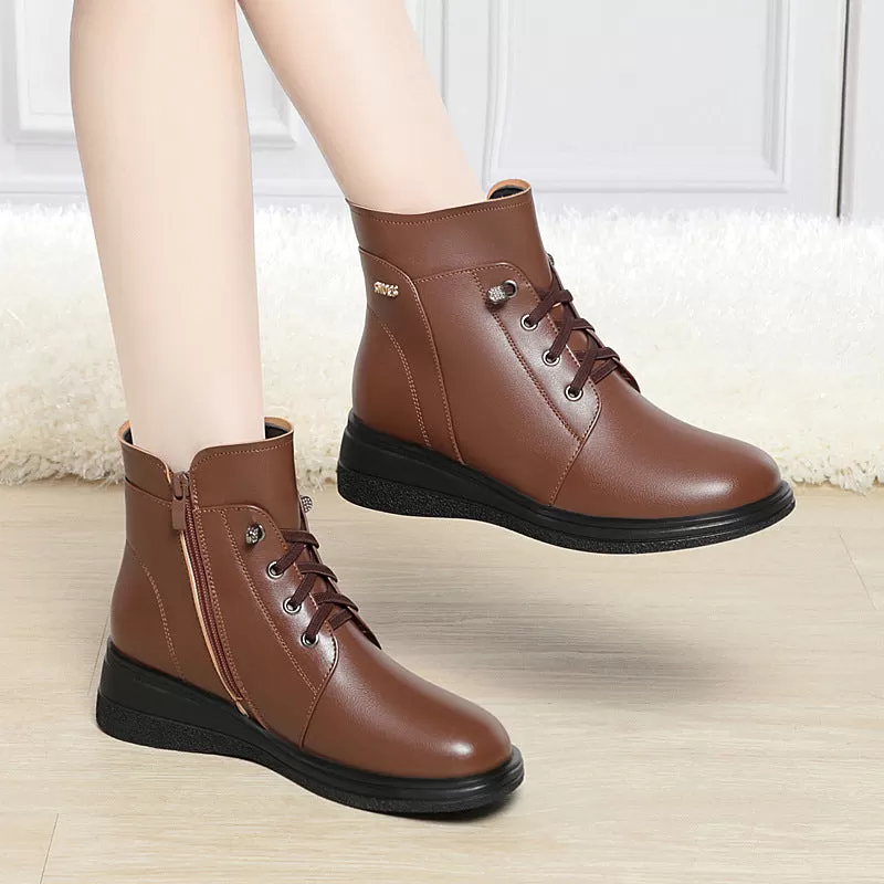 Women's Ankle Boots Lace-Up Warm Fluff Wedge Heel Booties